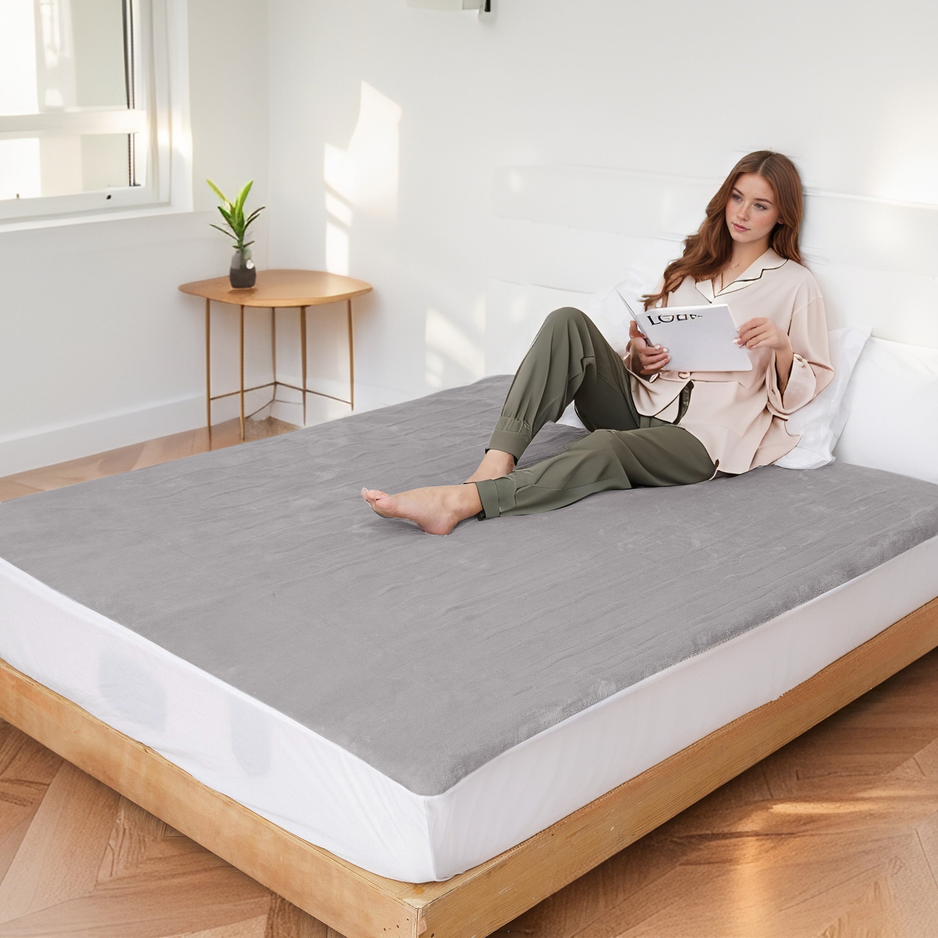 YAKEE Electric Heated Mattress Pad Queen Size, Soft Coral Fleece with Dual Control, 4 Heating Levels, 10 Hours Auto off, Overheat Protection, Machine Washable, Medium Gray