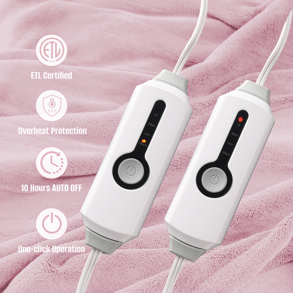 YAKEE Electric Heated Blanket 90"x100" King Size with Dual Control, 4 Heat Levels, 10-Hour Auto-off, Soft Coral Fleece, Overheat Protection, Pink