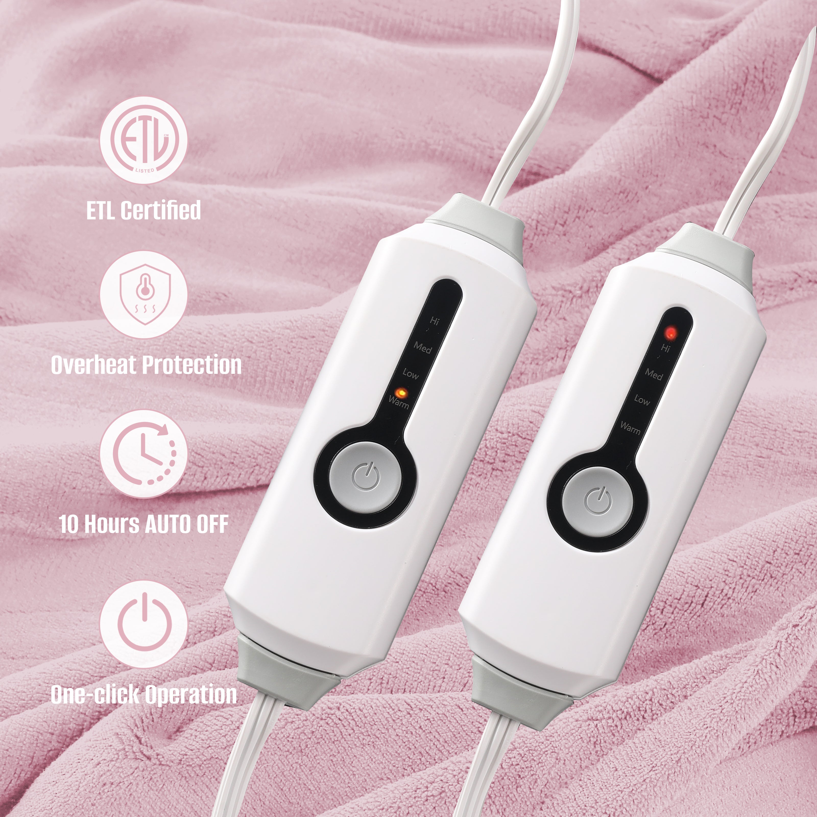 YAKEE Electric Heated Blanket 90"x100" King Size with Dual Control, 4 Heat Levels, 10-Hour Auto-off, Soft Coral Fleece, Overheat Protection, Pink