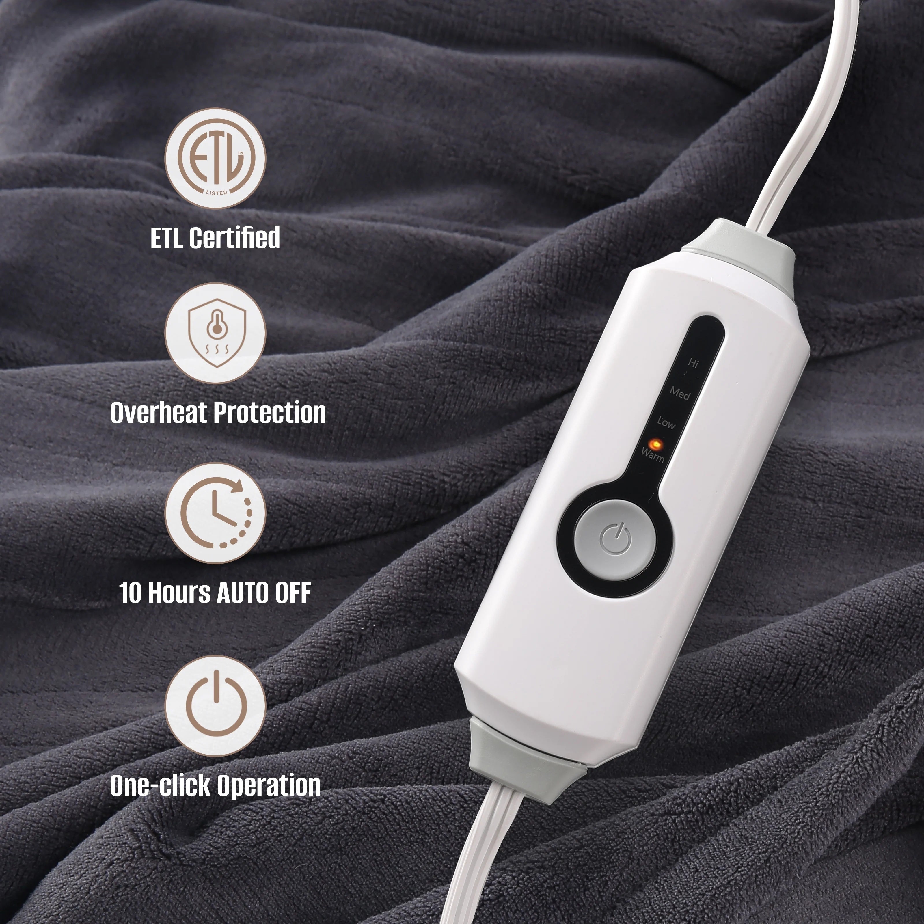 YAKEE Electric Heated Blanket 62"x84" Twin Size - Soft Warm Coral Fleece, 4 Heat Levels, 10 Hours Auto-off, Machine Washable with Overheat Protection, Gray
