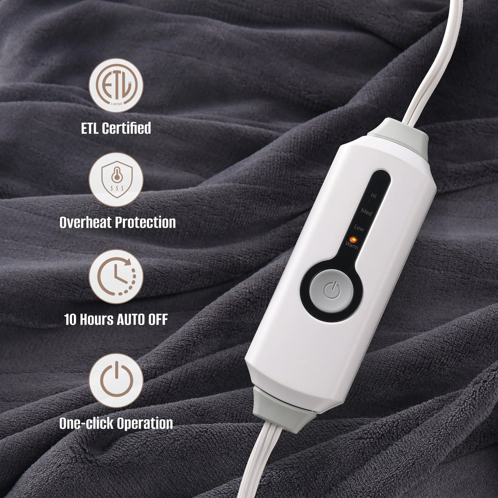 YAKEE Electric Heated Blanket 72"x84" Full Size - Soft Warm Coral Fleece, 4 Heat Levels, 10 Hours Auto-off, Machine Washable with Overheat Protection, Dark Gray
