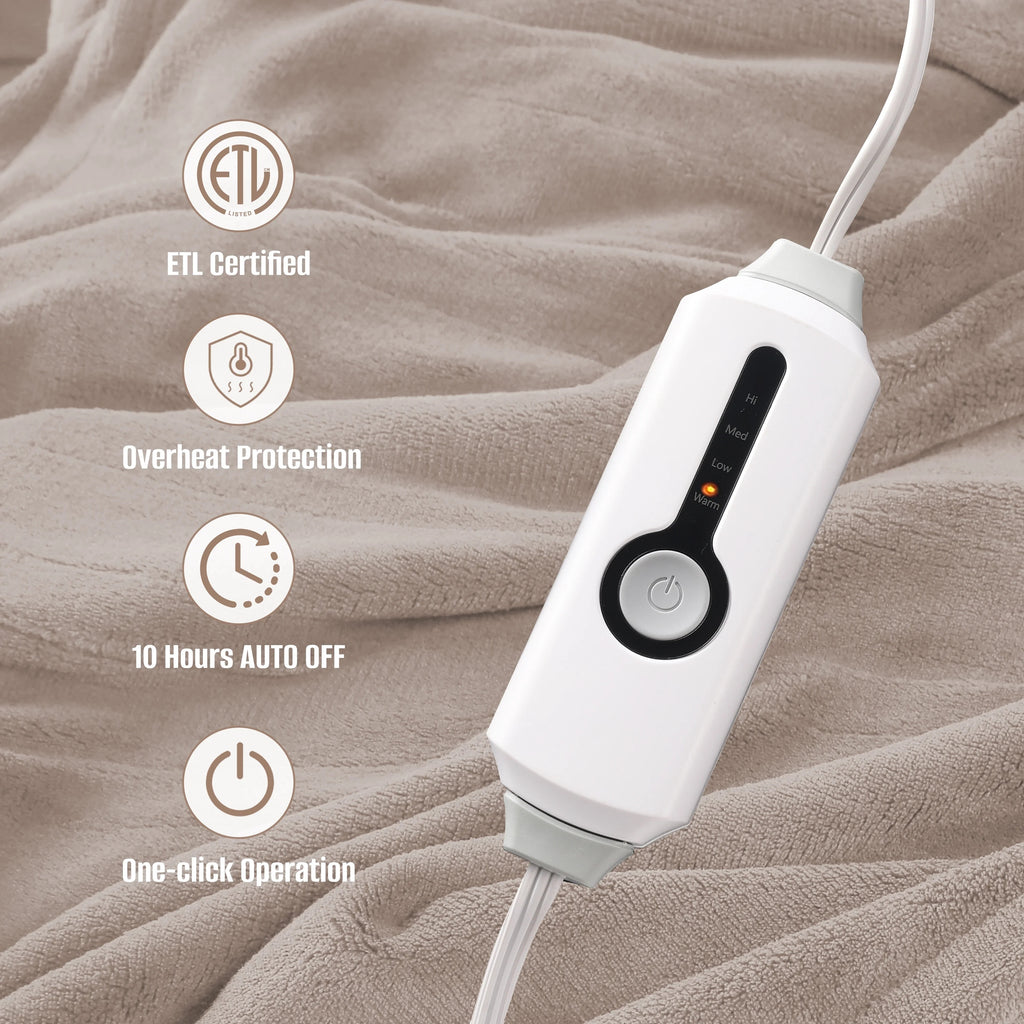 YAKEE Electric Heated Blanket 62"x84" Twin Size - Soft Warm Coral Fleece, 4 Heat Levels, 10 Hours Auto-off, Machine Washable with Overheat Protection, Brown