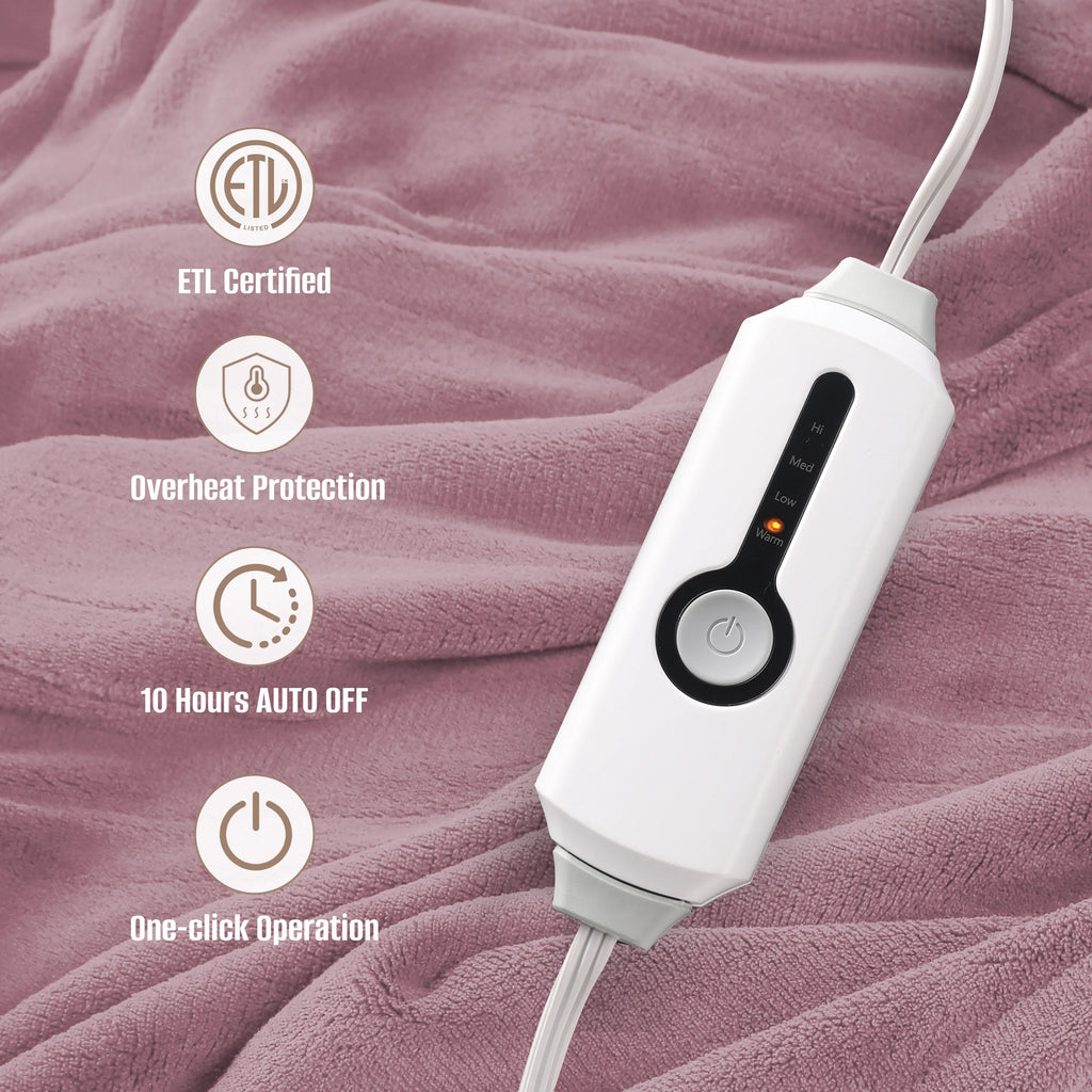 YAKEE Electric Heated Blanket 62"x84" Twin Size - Soft Warm Coral Fleece, 4 Heat Levels, 10 Hours Auto-off, Machine Washable with Overheat Protection, Purple