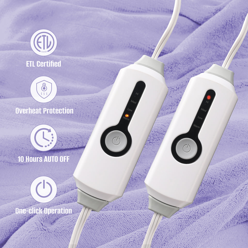 YAKEE Electric Heated Blanket 90"x100" King Size with Dual Control, 4 Heat Levels, 10-Hour Auto-off, Soft Coral Fleece, Overheat Protection, Light Purple