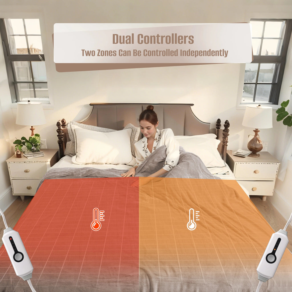 YAKEE Electric Heated Blanket 90"x100" King Size with Dual Control, 4 Heat Levels, 10-Hour Auto-off, Soft Coral Fleece, Overheat Protection, Brown
