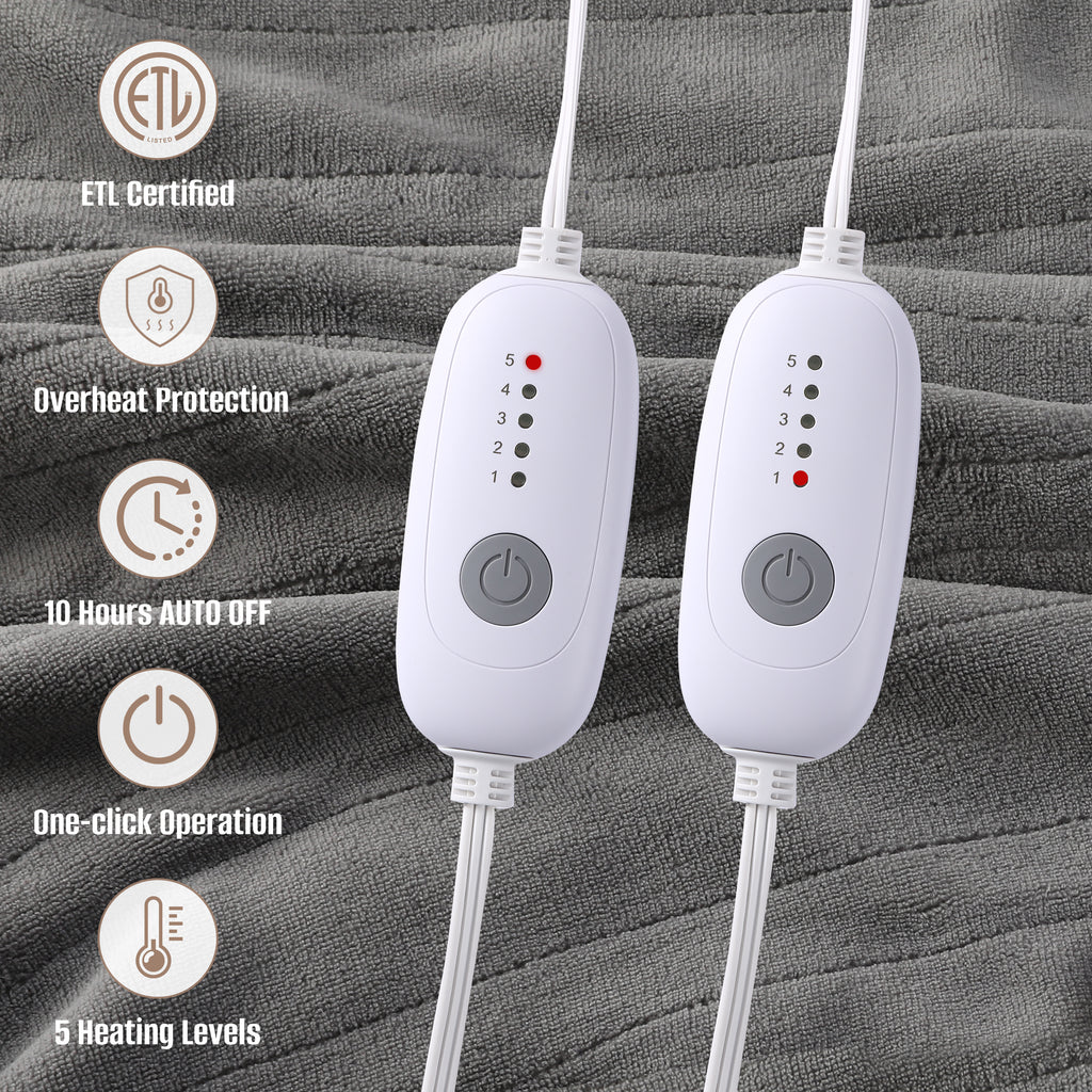 YAKEE Electric Heated Mattress Pad, King Size,Dual control, 4 Heating Levels, 10-Hour Auto off, Lightweight Polyester, Gray Coral Fleece for Adults
