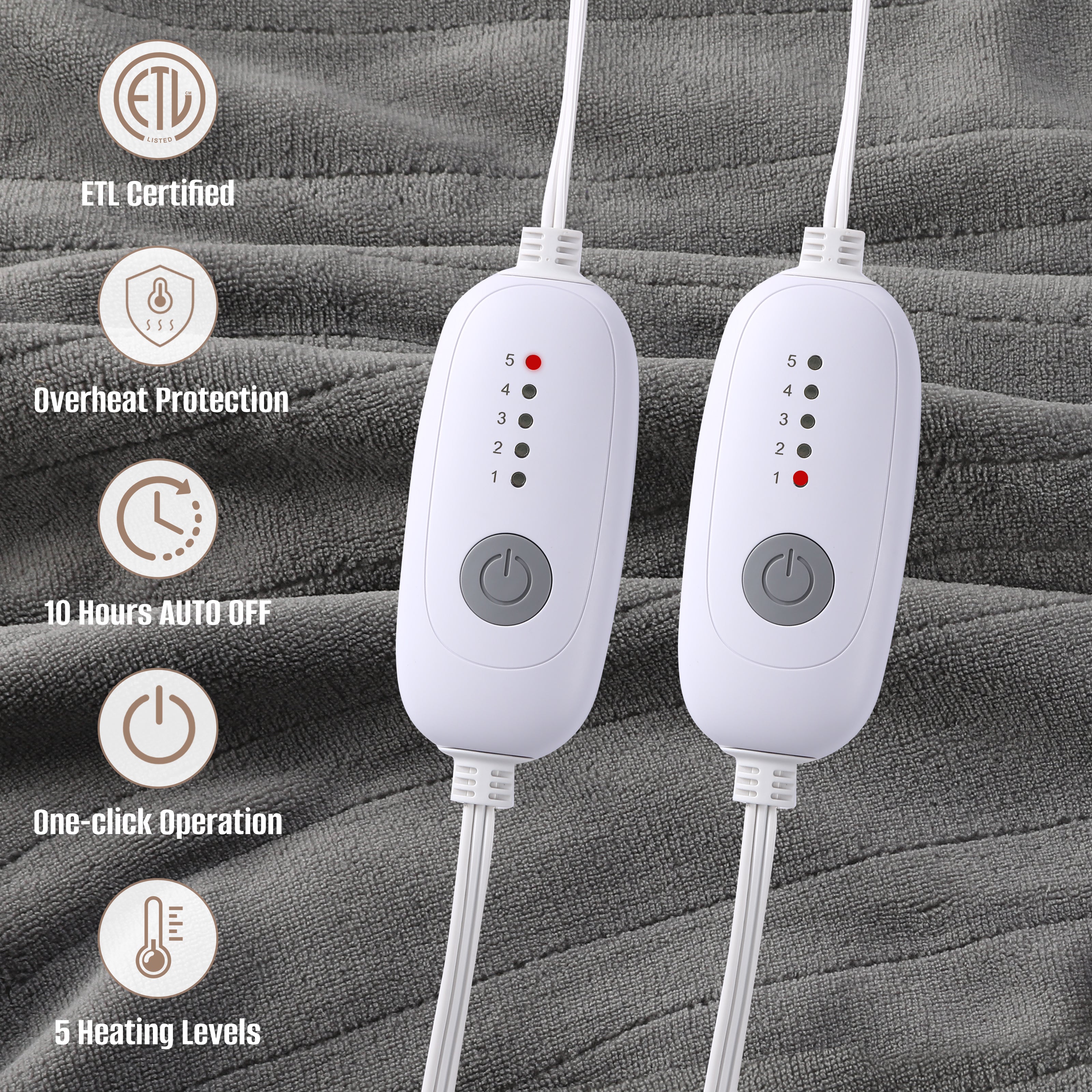 YAKEE Electric Heated Mattress Pad, King Size,Dual control, 4 Heating Levels, 10-Hour Auto off, Lightweight Polyester, Gray Coral Fleece for Adults