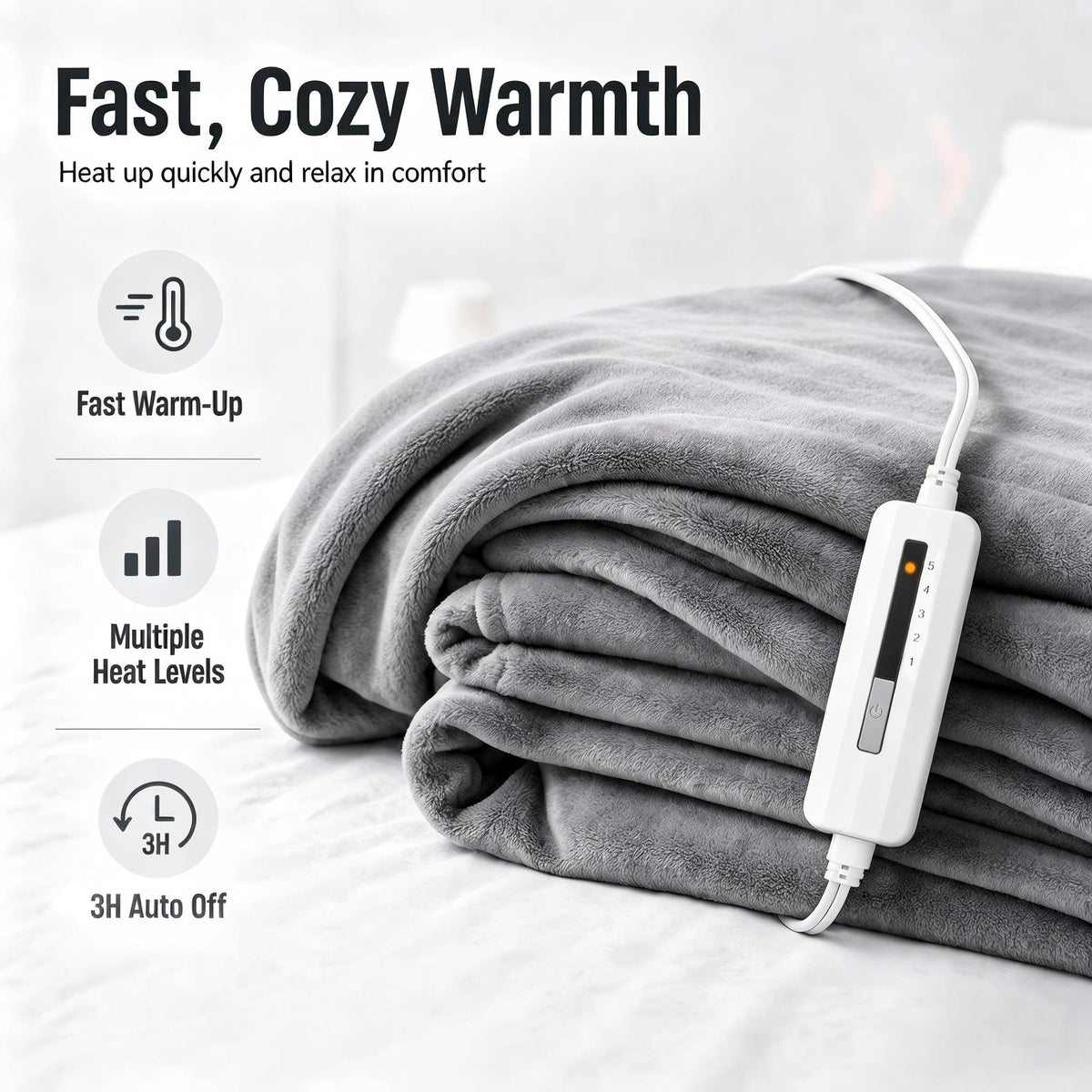 YAKEE Electric Heated Throw Blanket 50"x60" Throw Size, Soft Cozy Flannel Heating Blanket with 4 Heat Levels, 3H Auto-Off for Couch, Great Gift for Dad - Light Gray