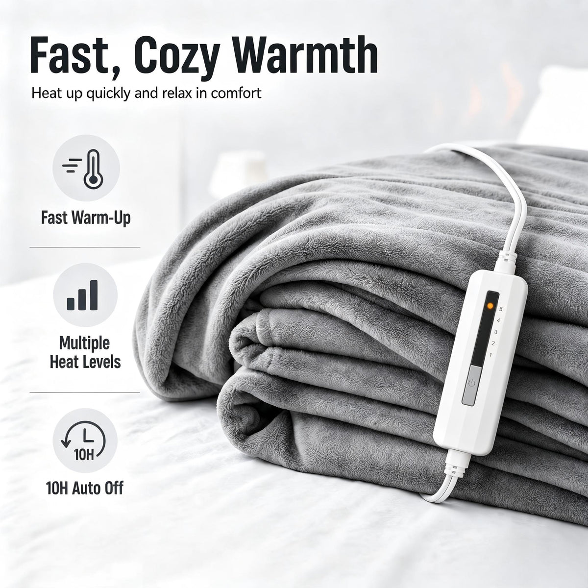 YAKEE Electric Heated Blanket 62"x84" Twin Size, Soft Cozy Flannel Heating Blanket with 5 Heat Levels, 10H Auto-Off for Bed, Great Gift for Dad - Light Gray