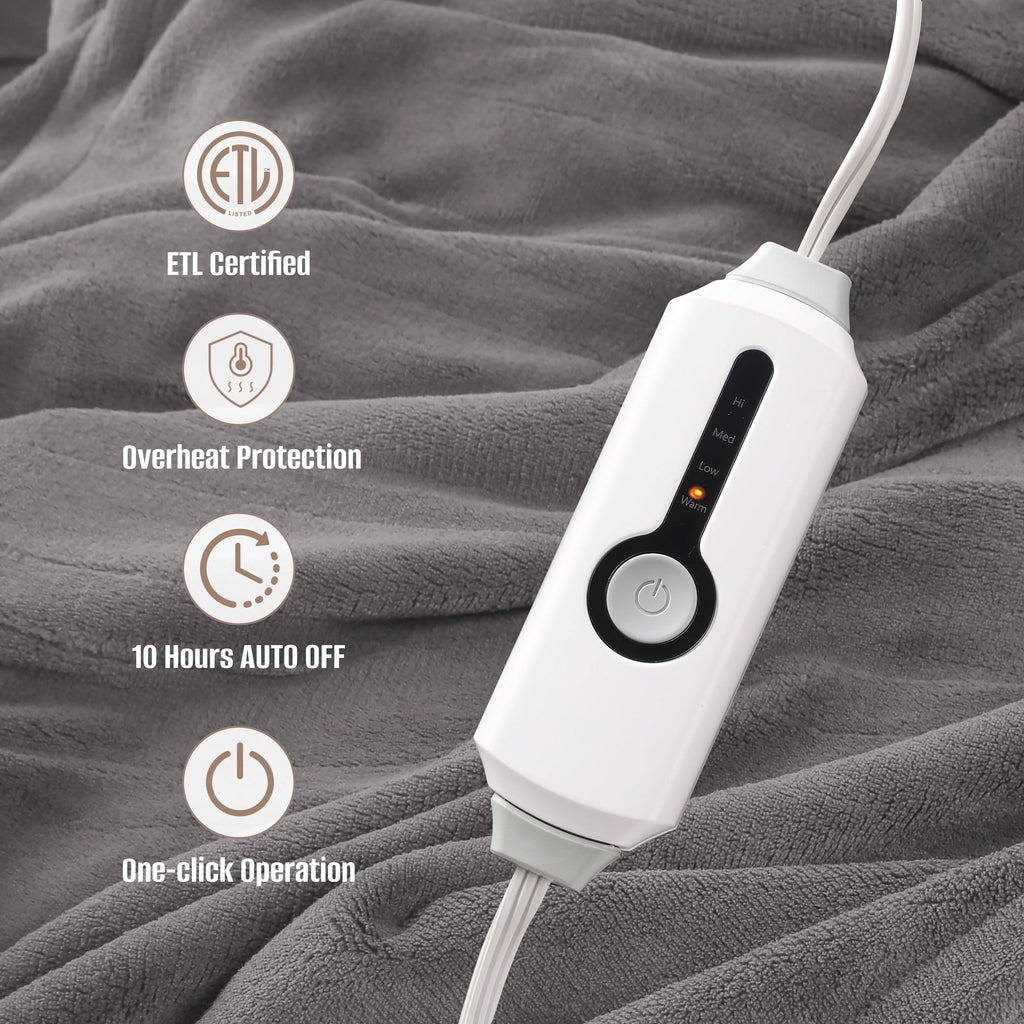 YAKEE Electric Heated Blanket 72"x84" Full Size - Soft Warm Coral Fleece, 4 Heat Levels, 10 Hours Auto-off, Machine Washable with Overheat Protection, Gray