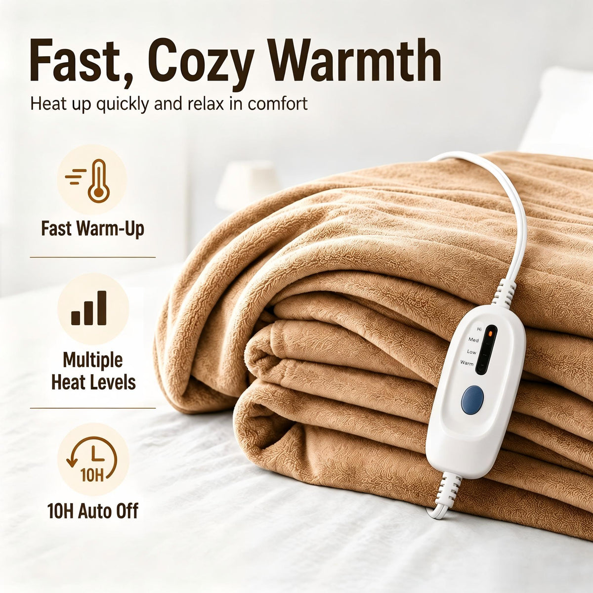 YAKEE Electric Heated Blanket 62"x84" Twin Size, Soft Cozy Flannel Heating Blanket with 4 Heat Levels, 10H Auto-Off for Bed, Great Gift for Dad - Linen