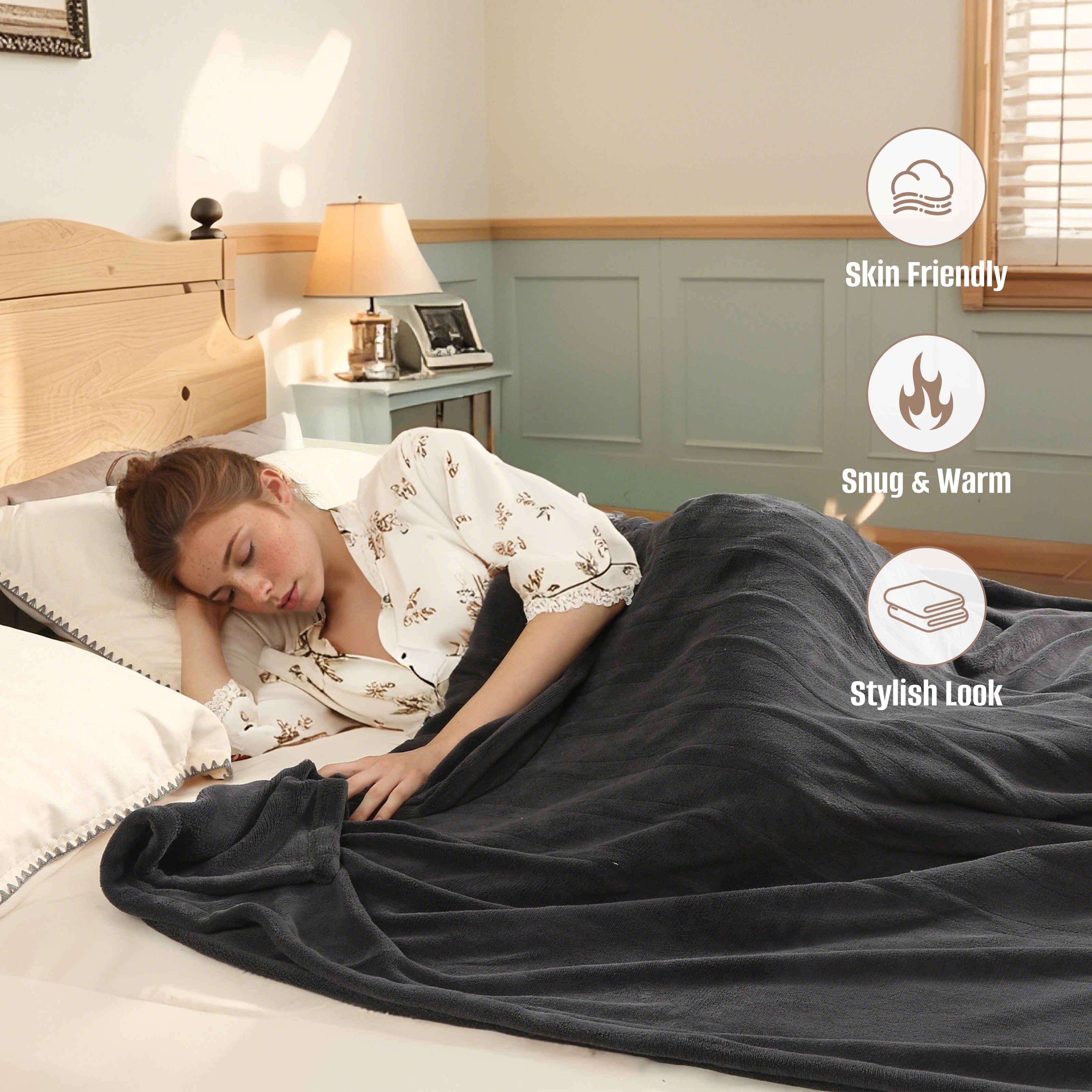 YAKEE Electric Heated Blanket 62"x84" Twin Size - Soft Warm Coral Fleece, 4 Heat Levels, 10 Hours Auto-off, Machine Washable with Overheat Protection, Gray