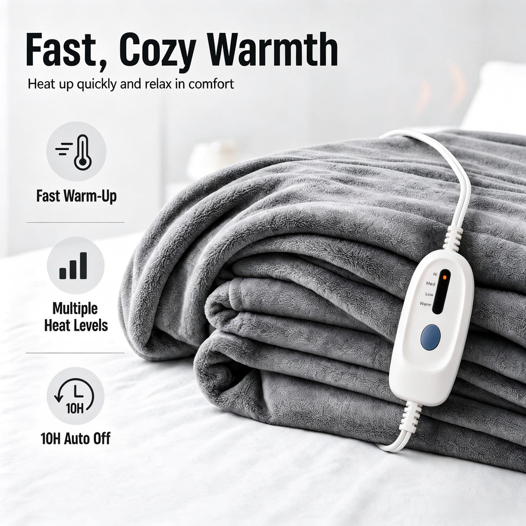 YAKEE Electric Heated Blanket 72"x84" Full Size - Soft Warm Coral Fleece, 4 Heat Levels, 10 Hours Auto-off, Machine Washable with Overheat Protection, Gray