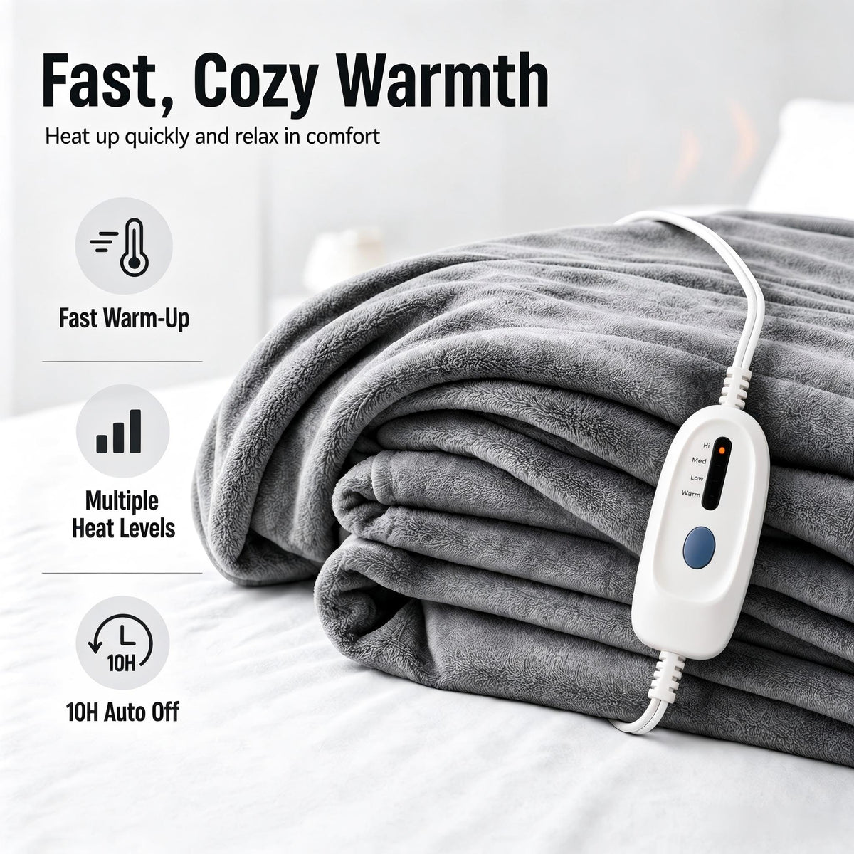 YAKEE Electric Heated Blanket 72"x84" Full Size - Soft Warm Coral Fleece, 4 Heat Levels, 10 Hours Auto-off, Machine Washable with Overheat Protection, Gray