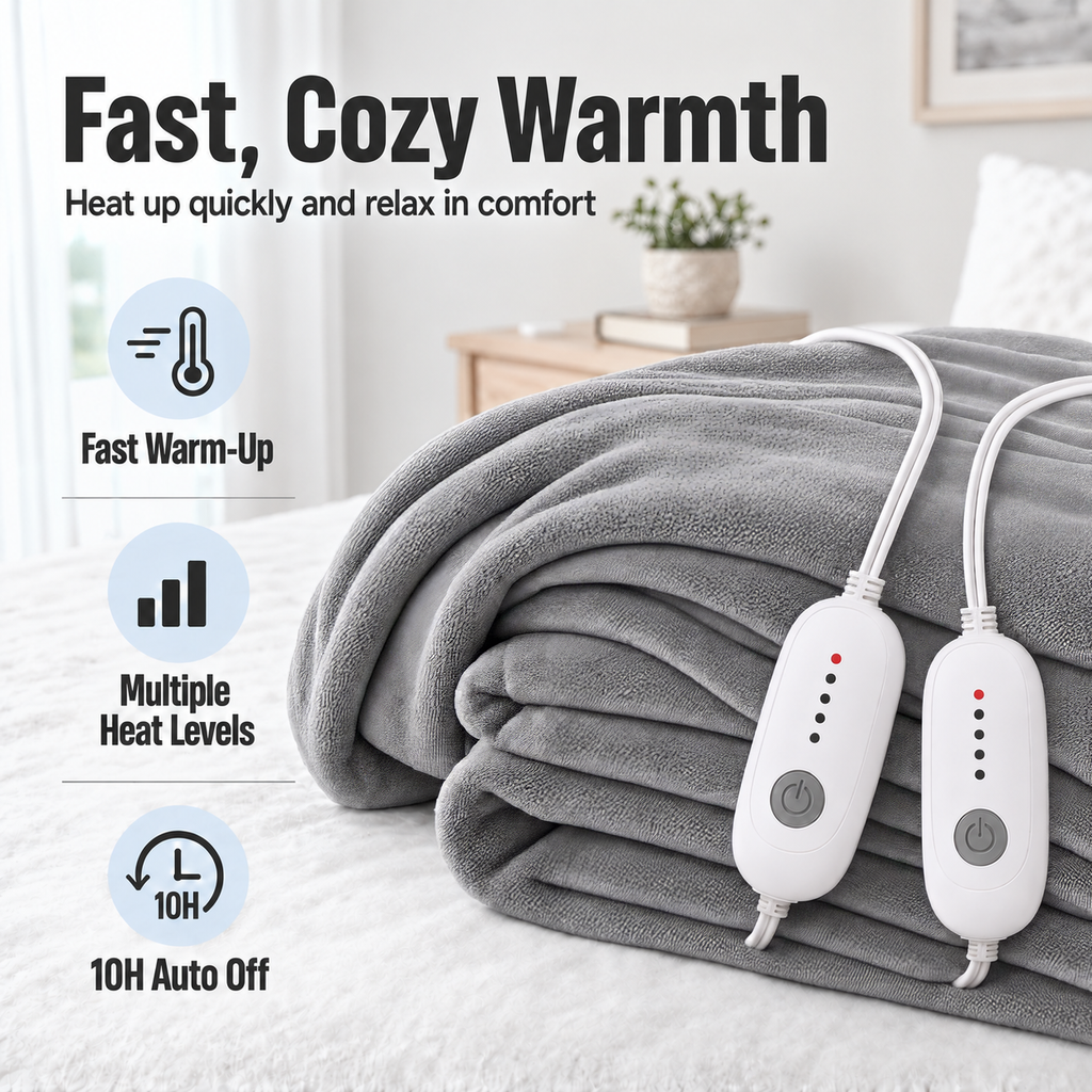 YAKEE Electric Heated Blanket 84"x90" Queen Size, Soft Cozy Flannel Heating Blanket with Dual Controllers and 5 Heat Levels, 10H Auto-Off for Bed, Great Gift for Dad - Light Gray