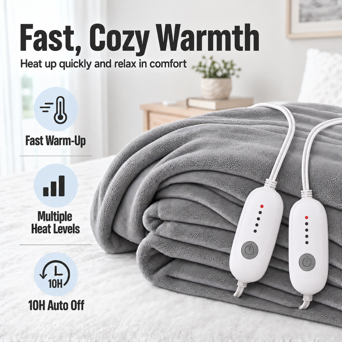YAKEE Electric Heated Blanket 84"x90" Queen Size, Soft Cozy Flannel Heating Blanket with Dual Controllers and 5 Heat Levels, 10H Auto-Off for Bed, Great Gift for Dad - Light Gray