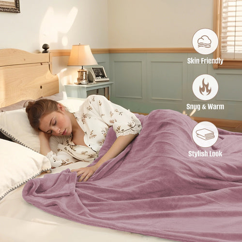 YAKEE Electric Heated Blanket 62"x84" Twin Size - Soft Warm Coral Fleece, 4 Heat Levels, 10 Hours Auto-off, Machine Washable with Overheat Protection, Purple