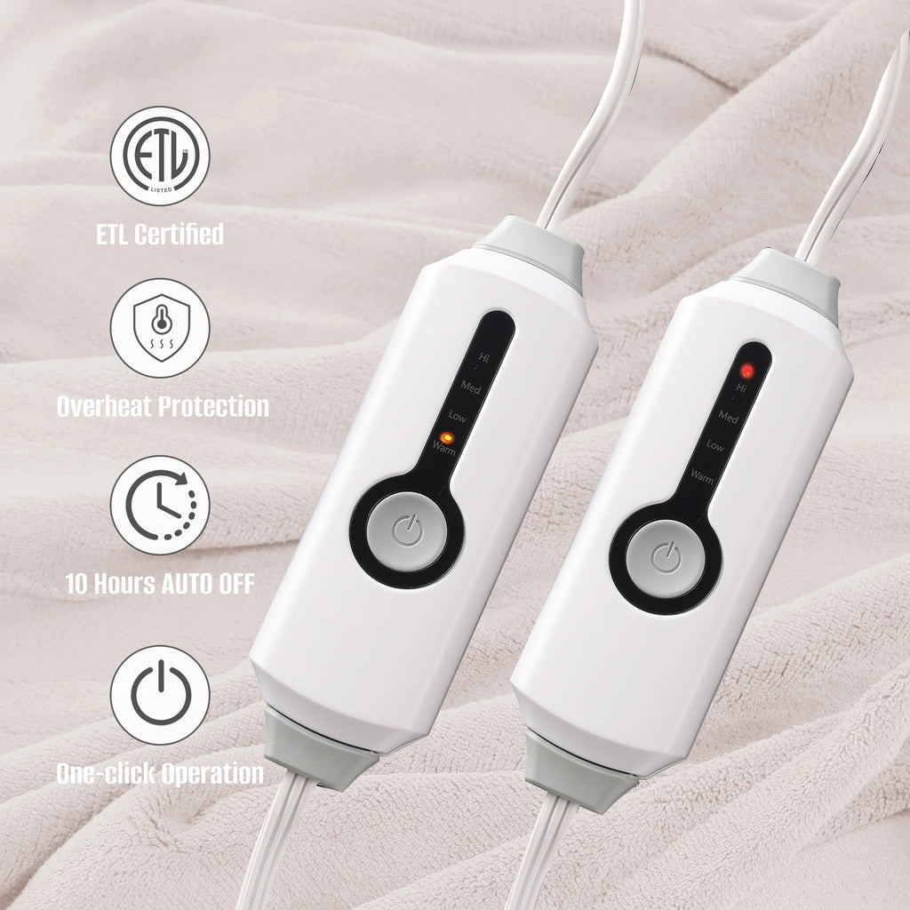 YAKEE Electric Heated Blanket 90"x100" King Size with Dual Control, 4 Heat Levels, 10-Hour Auto-off, Soft Coral Fleece, Overheat Protection, White