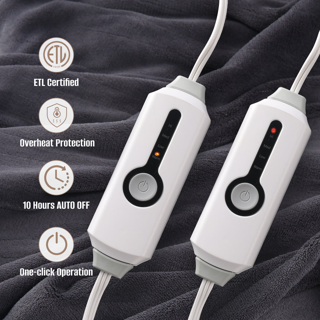 YAKEE Electric Heated Blanket 84"x90" Queen Size with Dual Control, 4 Heat Levels, 10-Hour Auto-off, Soft Coral Fleece, Overheat Protection, Gray