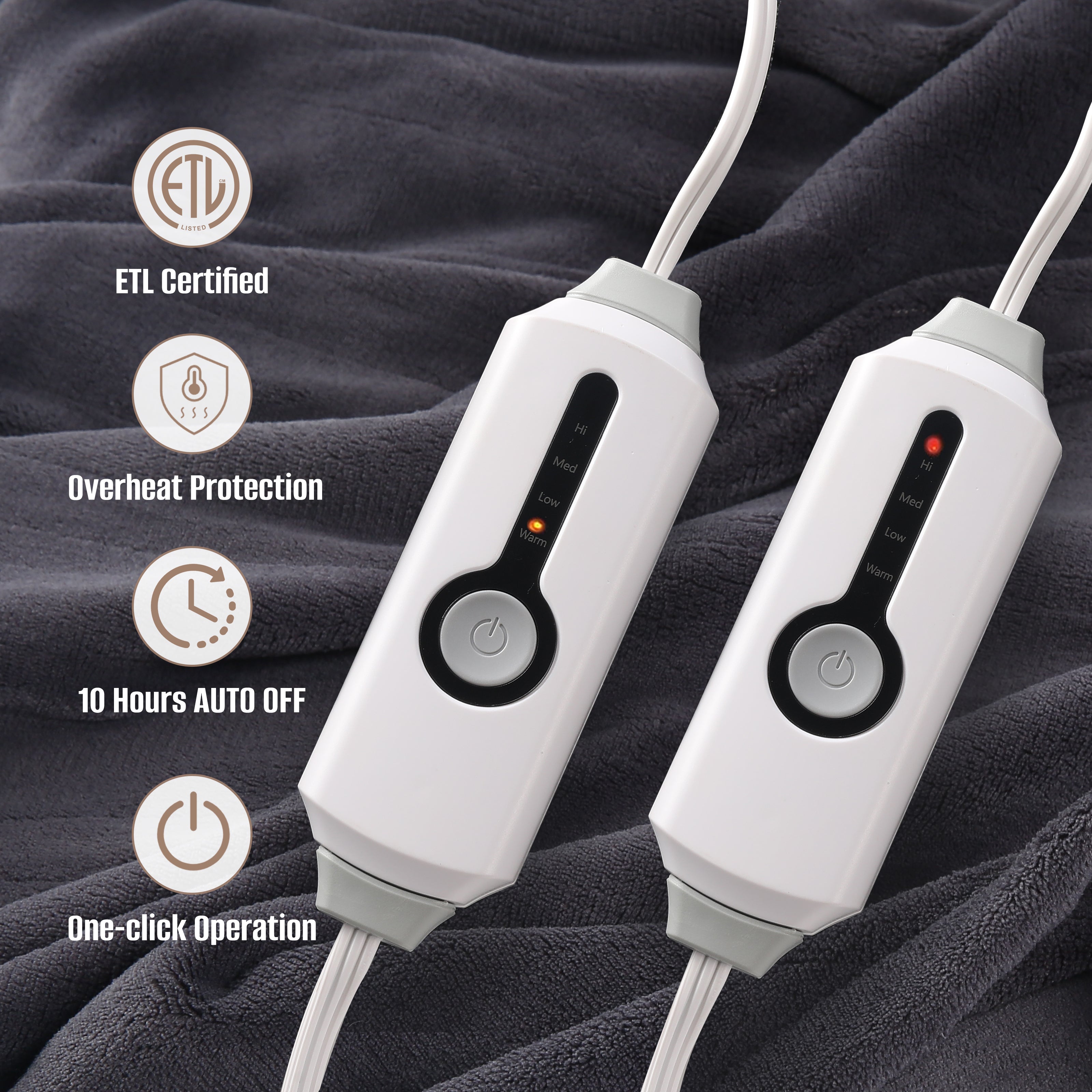 YAKEE Electric Heated Blanket 90"x100" King Size with Dual Control, 4 Heat Levels, 10-Hour Auto-off, Soft Coral Fleece, Overheat Protection, Dark Gray