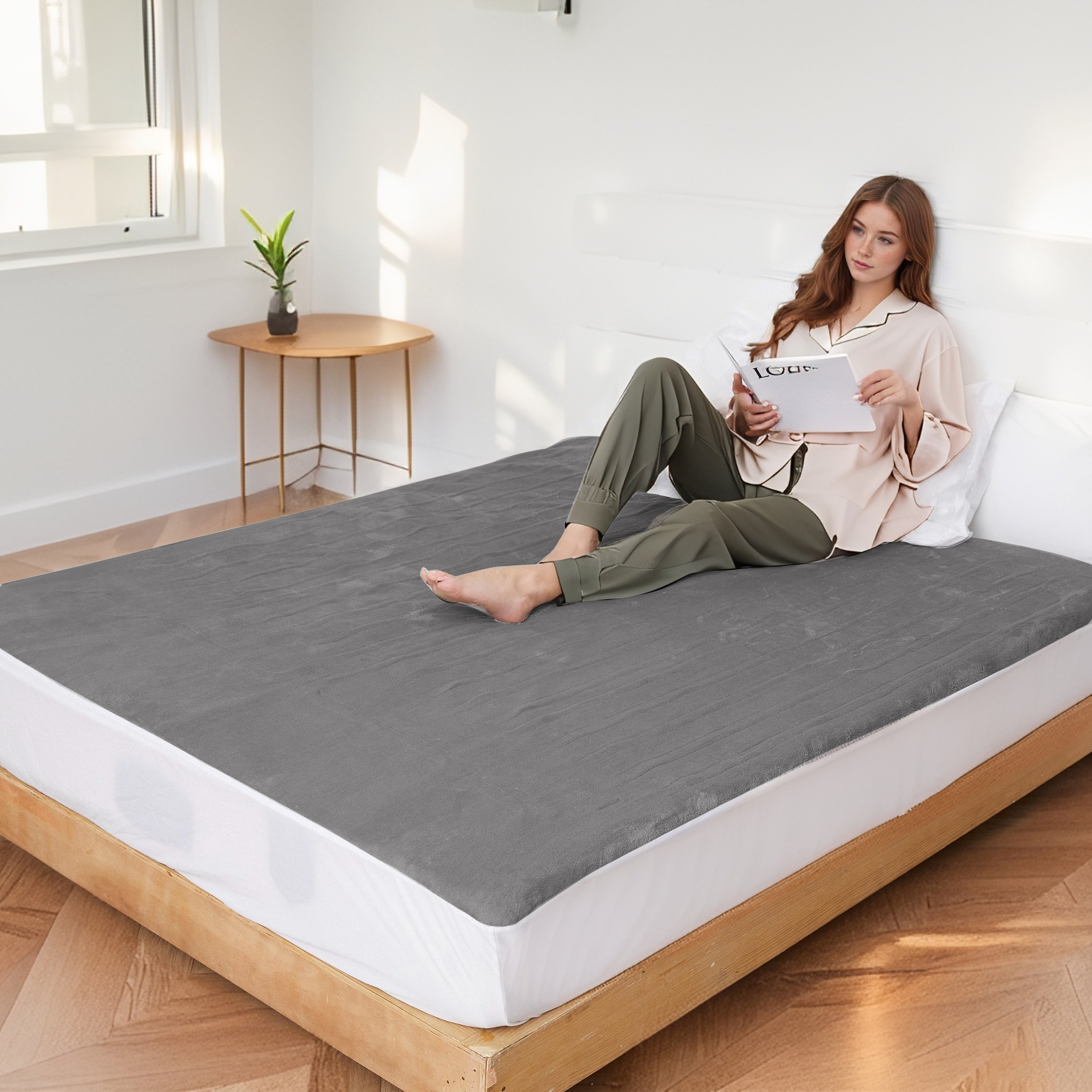 YAKEE Electric Heated Mattress Pad, King Size,Dual control, 4 Heating Levels, 10-Hour Auto off, Lightweight Polyester, Gray Coral Fleece for Adults