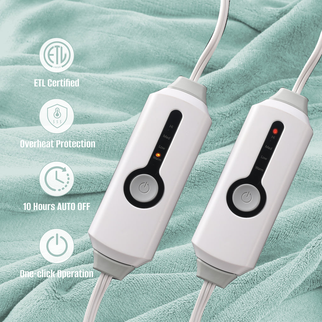 YAKEE Electric Heated Blanket 84"x90" Queen Size with Dual Control, 4 Heat Levels, 10-Hour Auto-off, Soft Coral Fleece, Overheat Protection, Green