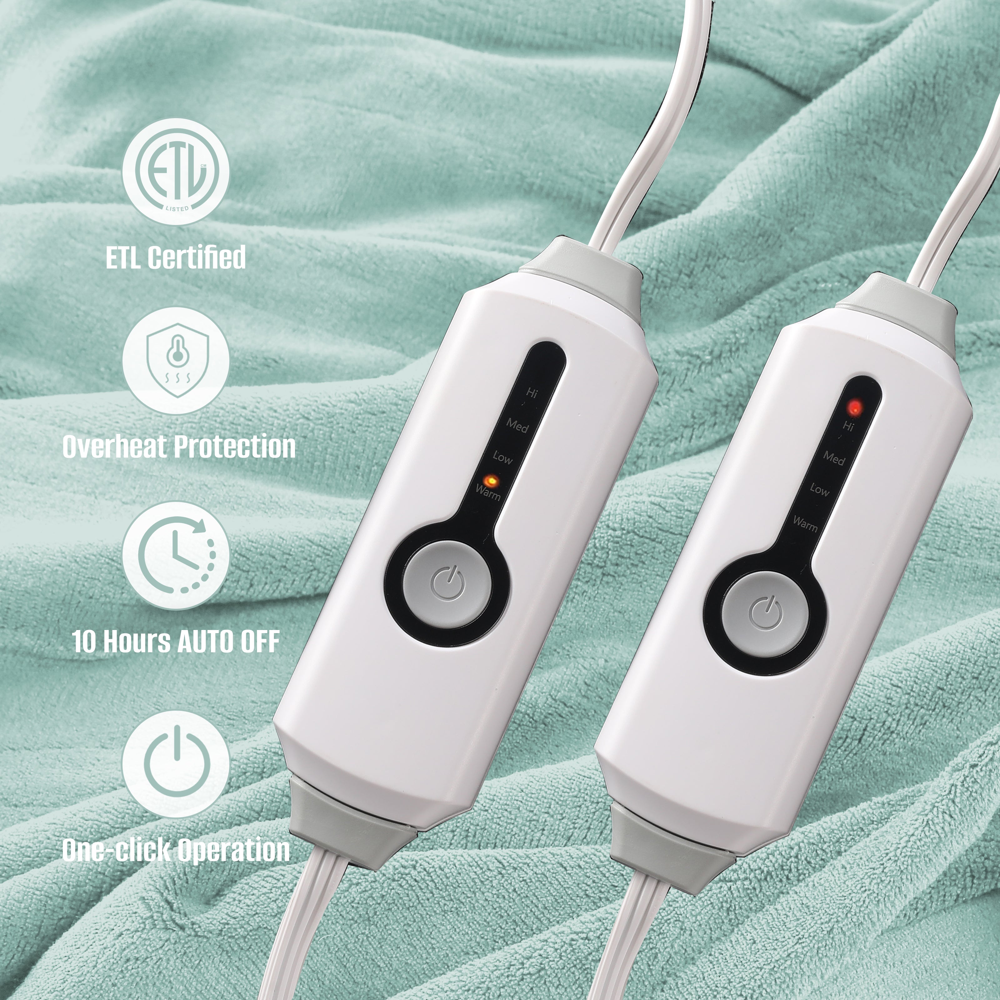 YAKEE Electric Heated Blanket 84"x90" Queen Size with Dual Control, 4 Heat Levels, 10-Hour Auto-off, Soft Coral Fleece, Overheat Protection, Green