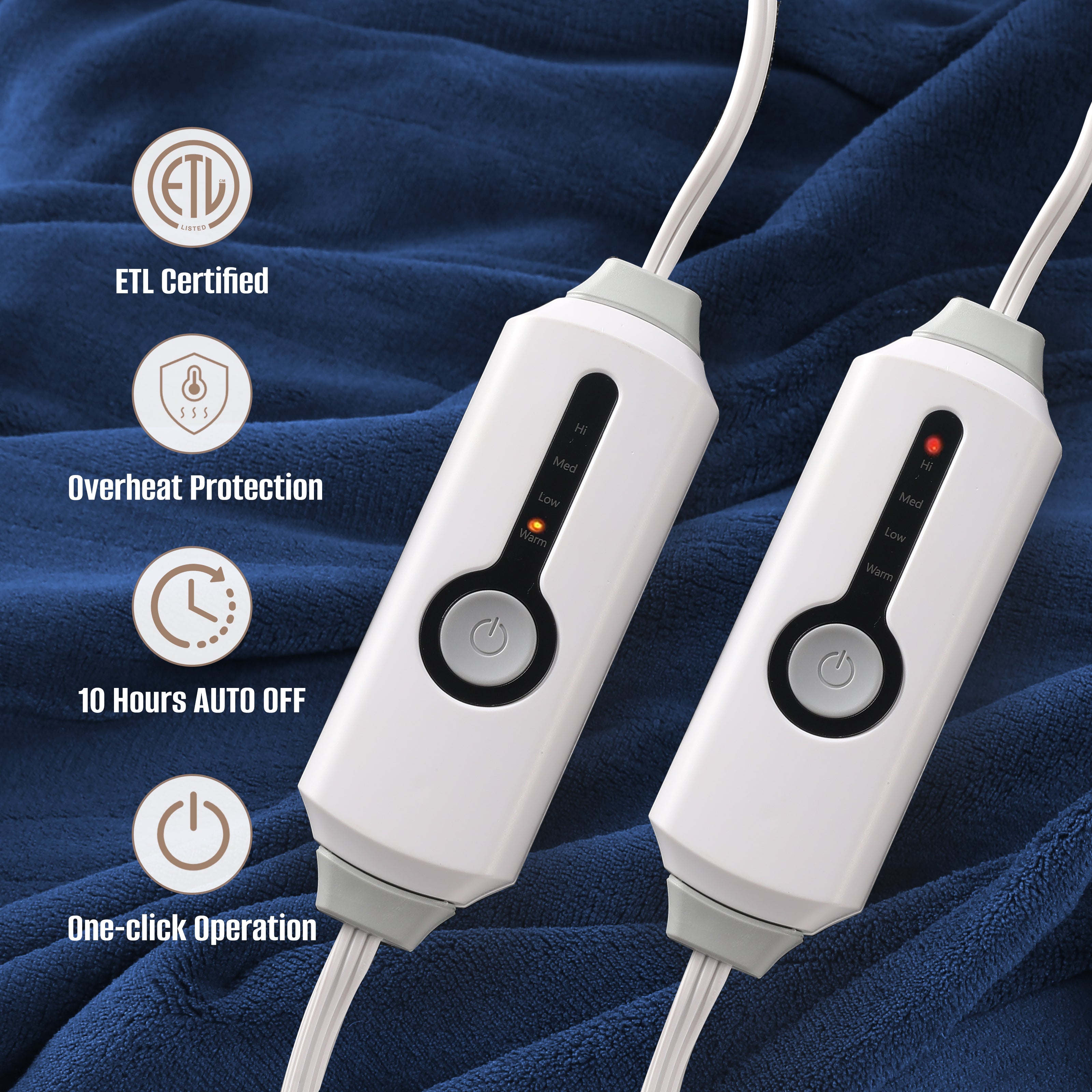 YAKEE Electric Heated Blanket 84"x90" Queen Size with Dual Control, 4 Heat Levels, 10-Hour Auto-off, Soft Coral Fleece, Overheat Protection, Blue