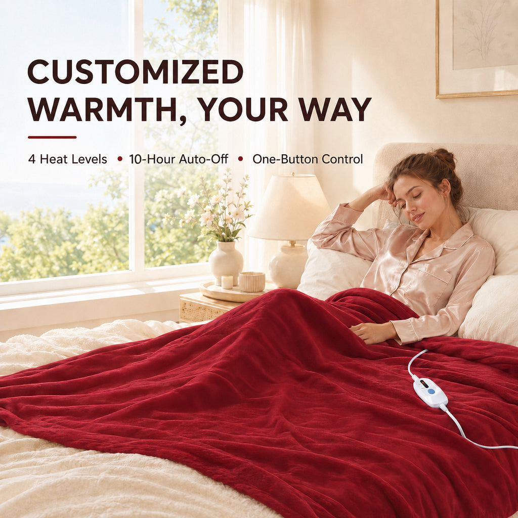 YAKEE Electric Heated Blanket 62"x84" Twin Size - Soft Warm Polar fleece, 4 Heat Levels, 10 Hours Auto-off, Machine Washable with Overheat Protection, Red