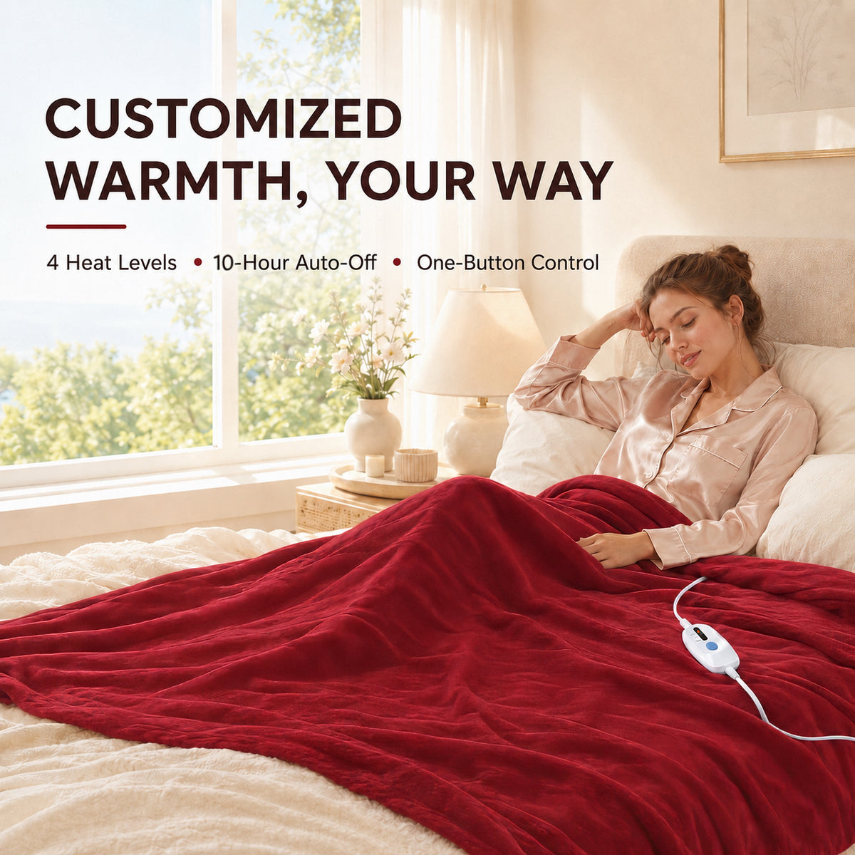 YAKEE Electric Heated Blanket 62"x84" Twin Size - Soft Warm Polar fleece, 4 Heat Levels, 10 Hours Auto-off, Machine Washable with Overheat Protection, Red