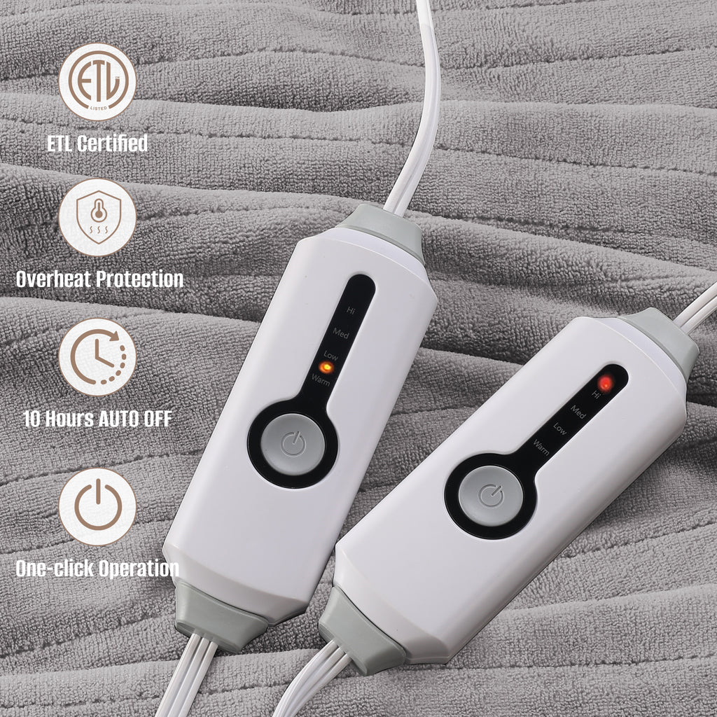 YAKEE Electric Heated Mattress Pad Queen Size, Soft Coral Fleece with Dual Control, 4 Heating Levels, 10 Hours Auto off, Overheat Protection, Machine Washable, Medium Gray