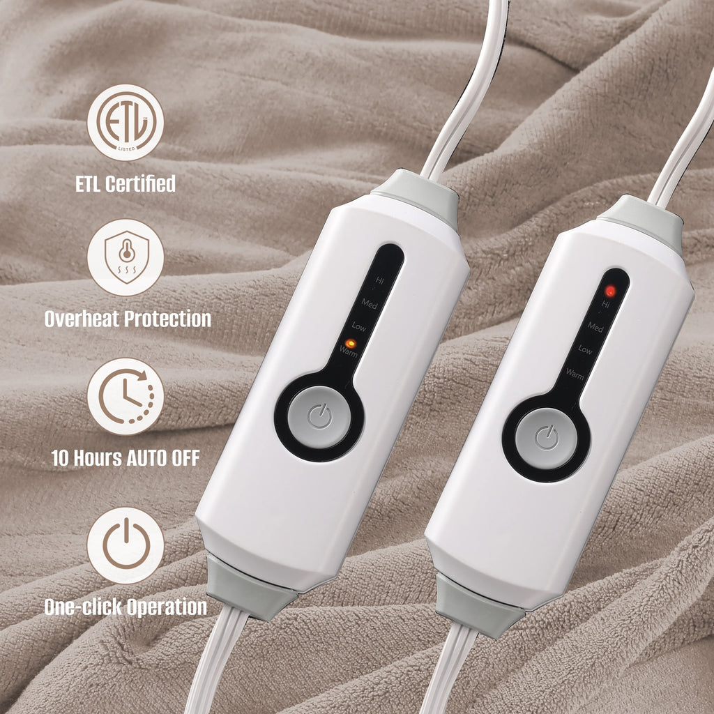 YAKEE Electric Heated Blanket 90"x100" King Size with Dual Control, 4 Heat Levels, 10-Hour Auto-off, Soft Coral Fleece, Overheat Protection, Brown