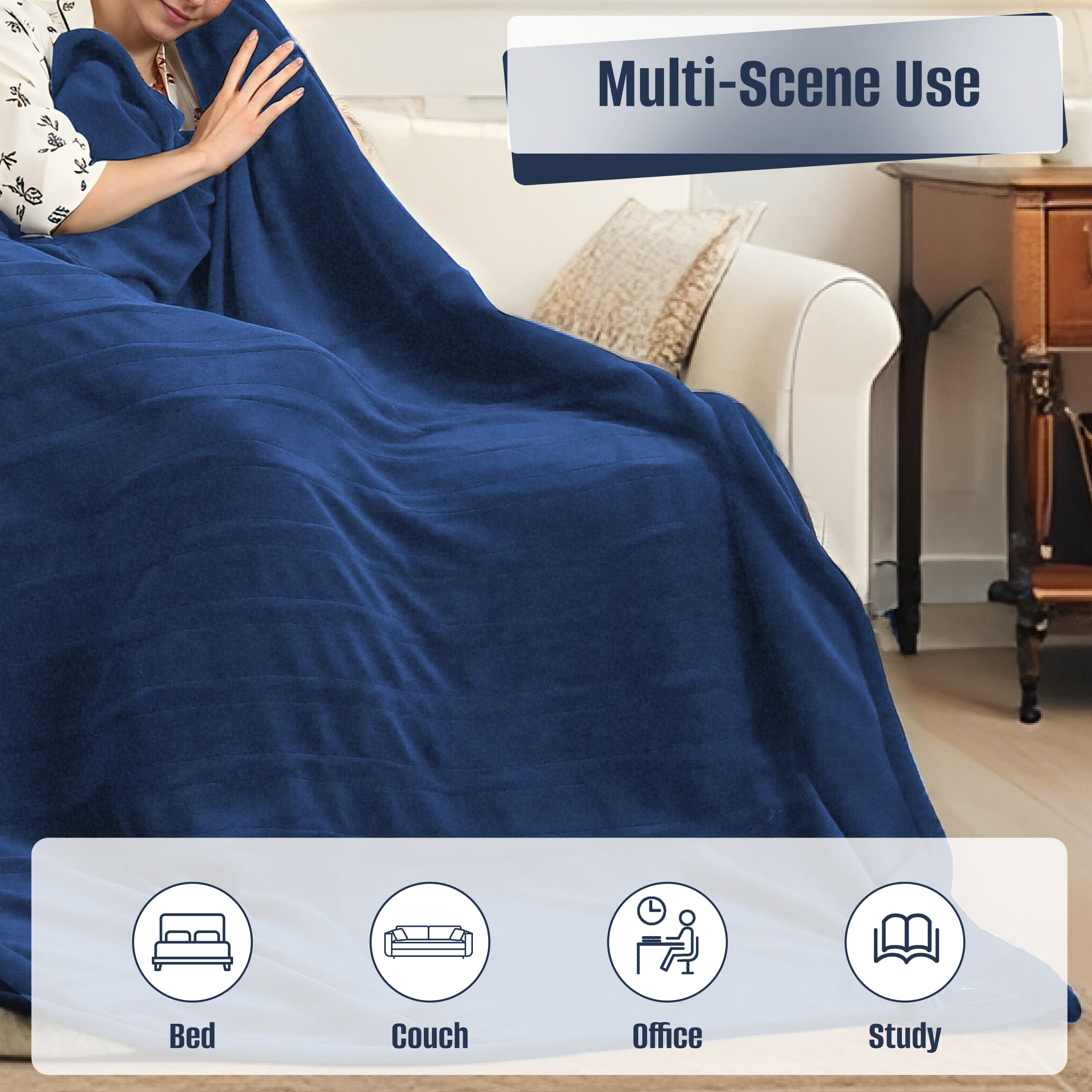 YAKEE Electric Heated Blanket 84"x90" Queen Size with Dual Control, 4 Heat Levels, 10-Hour Auto-off, Soft Coral Fleece, Overheat Protection, Blue