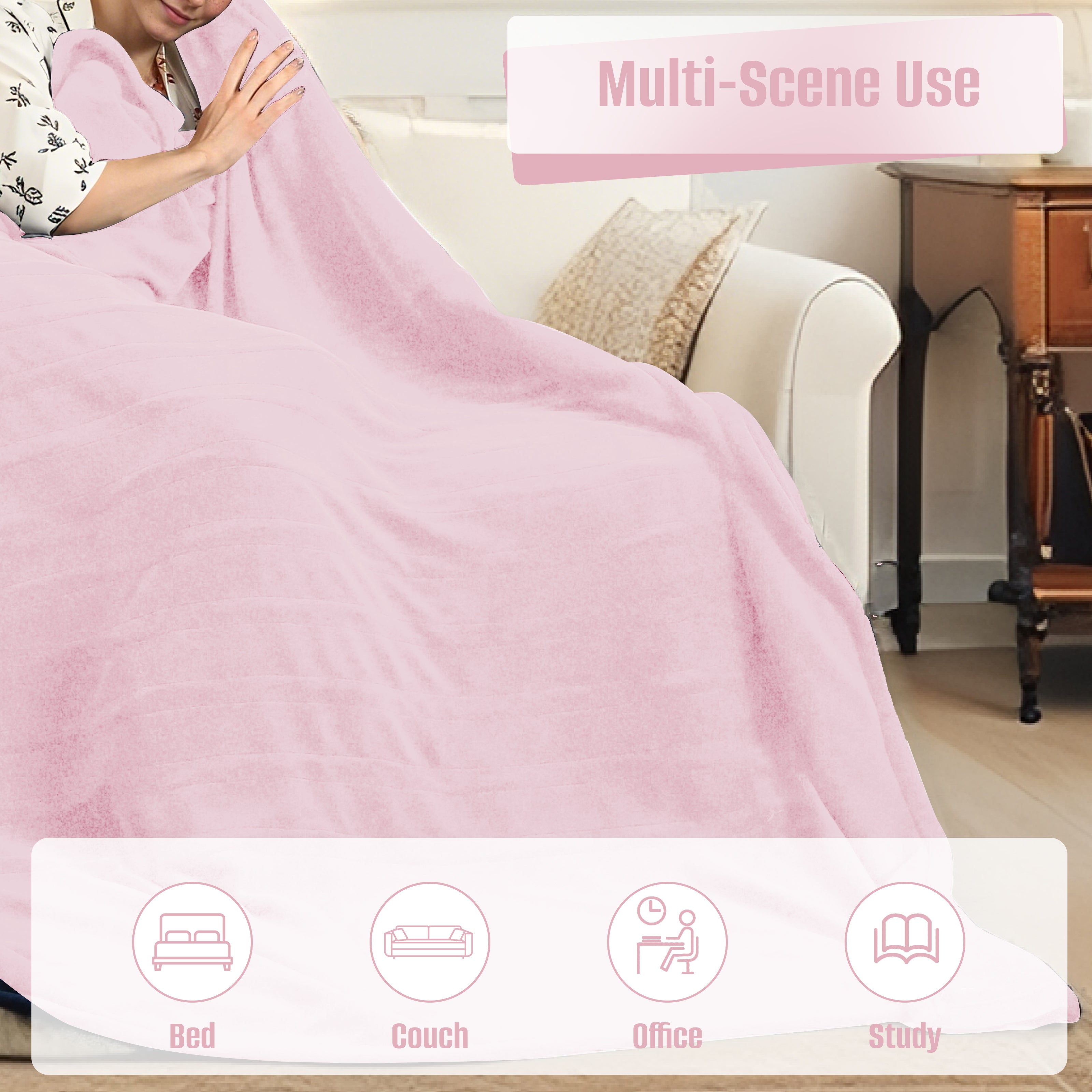 YAKEE Electric Heated Blanket 84"x90" Queen Size with Dual Control, 4 Heat Levels, 10-Hour Auto-off, Soft Coral Fleece, Overheat Protection, Pink
