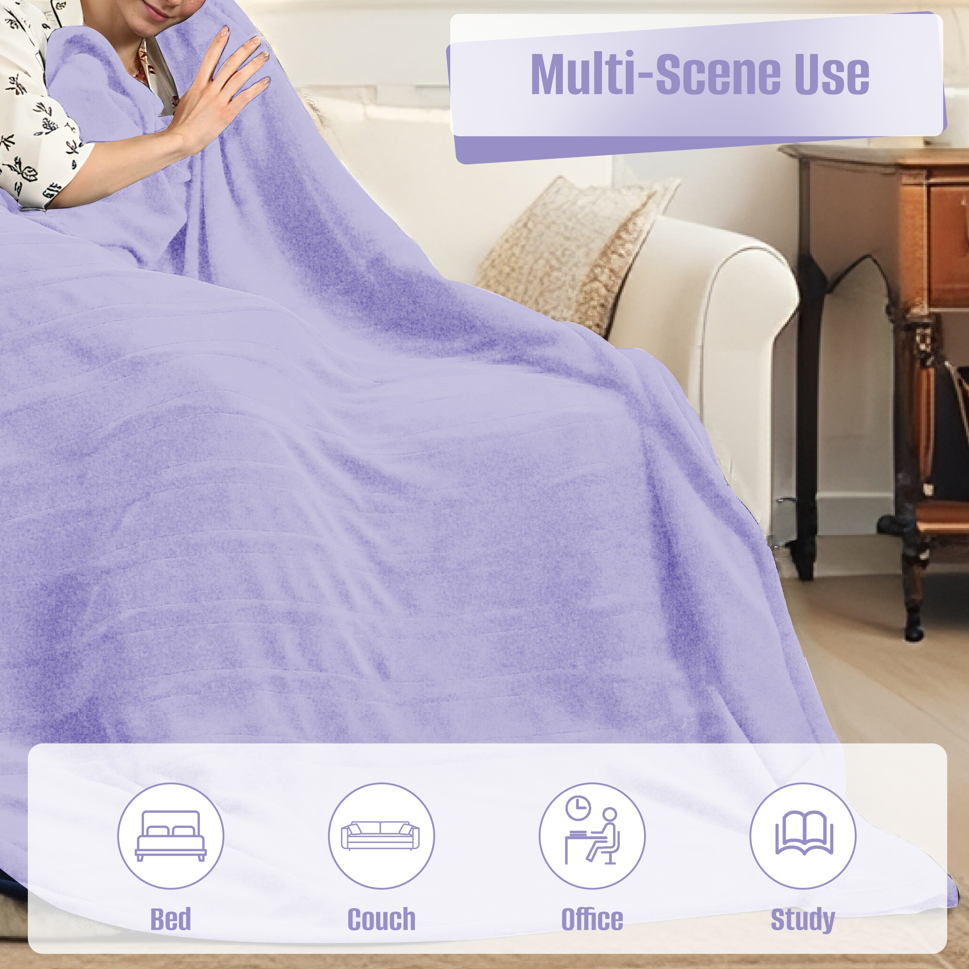 YAKEE Electric Heated Blanket 84"x90" Queen Size with Dual Control, 4 Heat Levels, 10-Hour Auto-off, Soft Coral Fleece, Overheat Protection, Purple