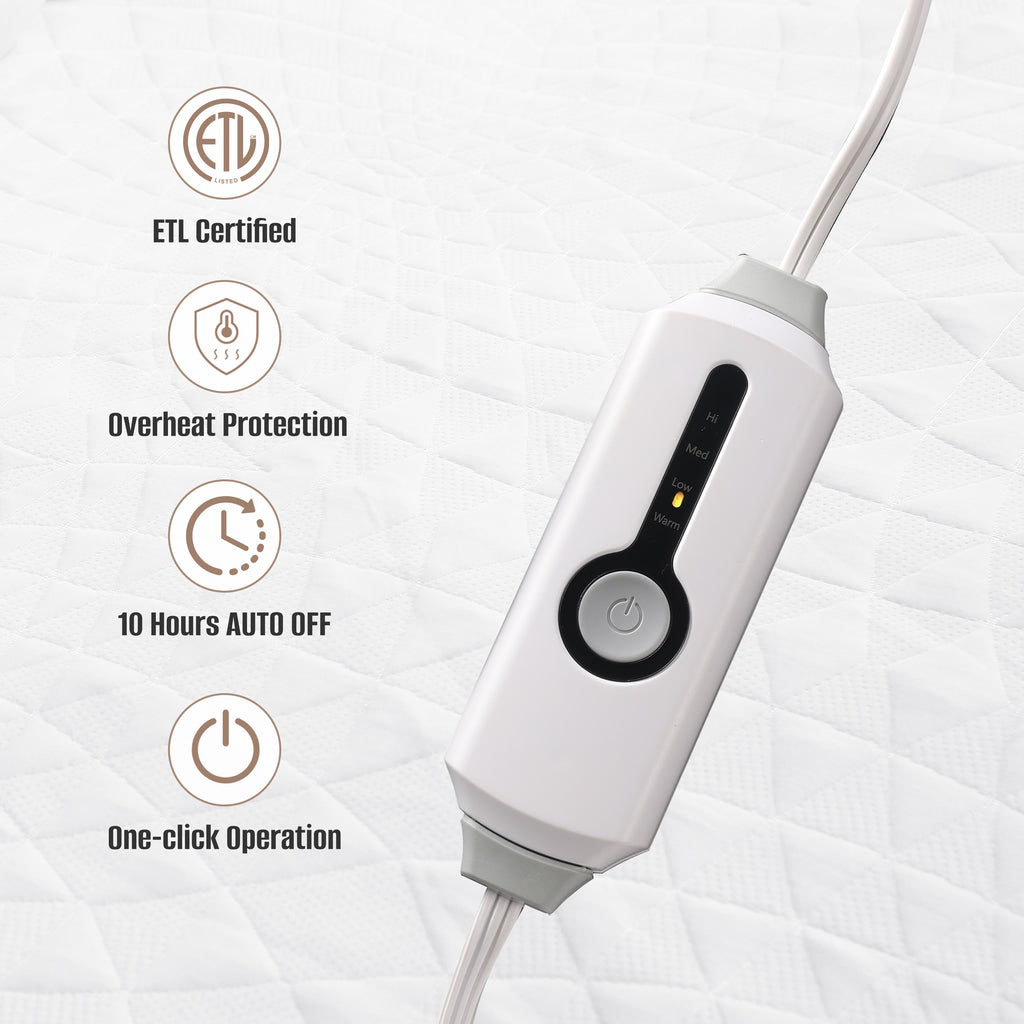 YAKEE Electric Heated Mattress Pad, Full Size, 4 Heating Levels, 10-Hour Auto off, Lightweight Polyester, White Diamond Pattern for Adults