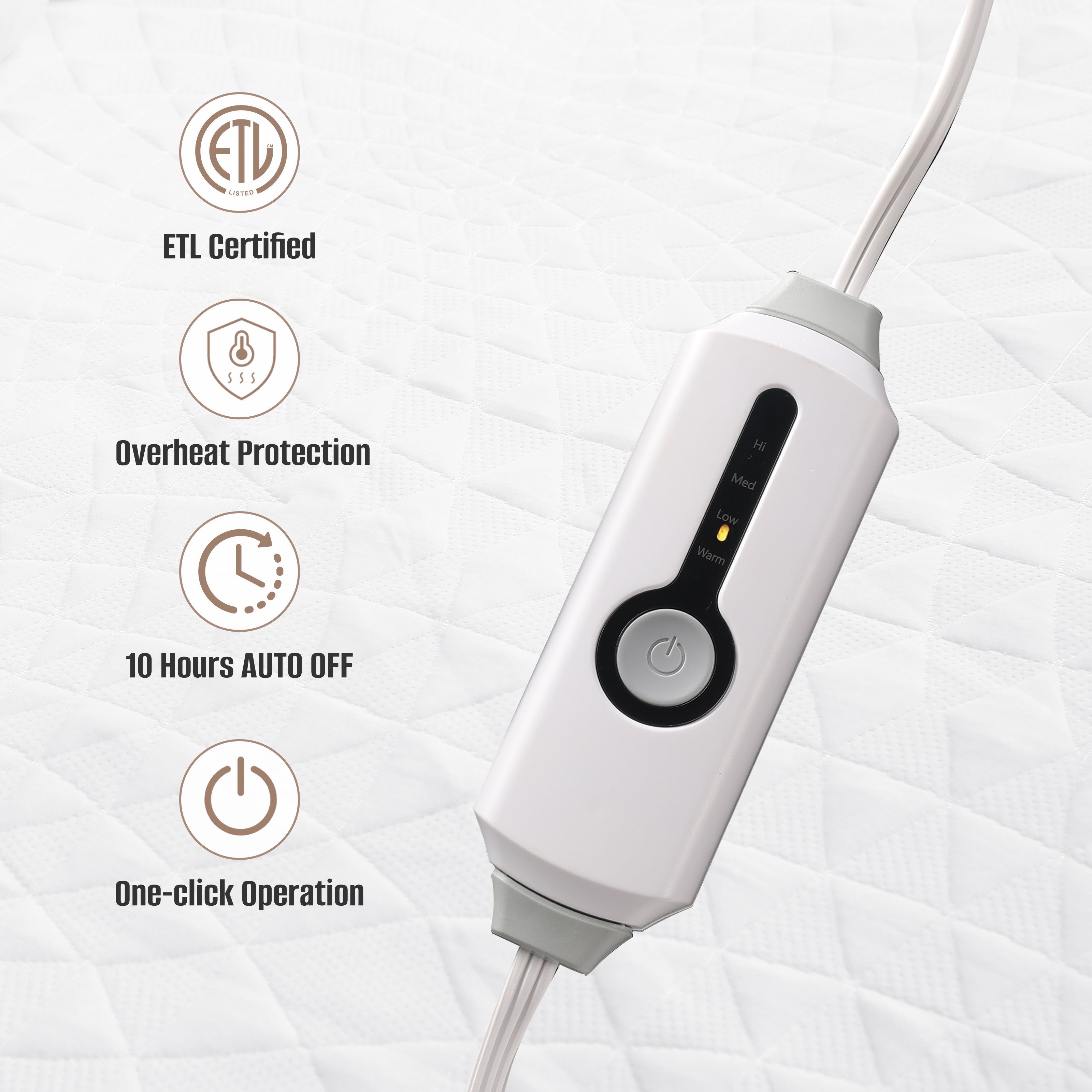 YAKEE Electric Heated Mattress Pad, Full Size, 4 Heating Levels, 10-Hour Auto off, Lightweight Polyester, White Diamond Pattern for Adults