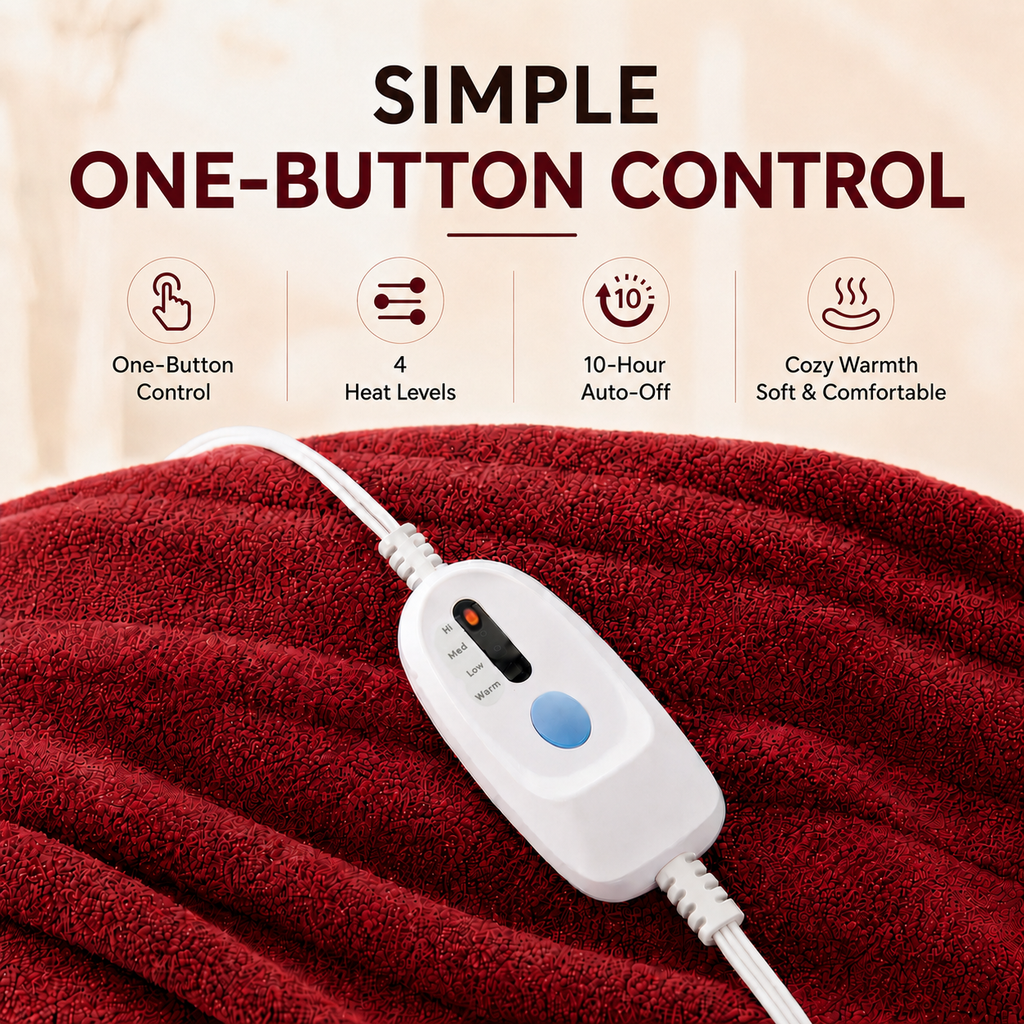 YAKEE Electric Heated Blanket 62"x84" Twin Size - Soft Warm Polar fleece, 4 Heat Levels, 10 Hours Auto-off, Machine Washable with Overheat Protection, Red