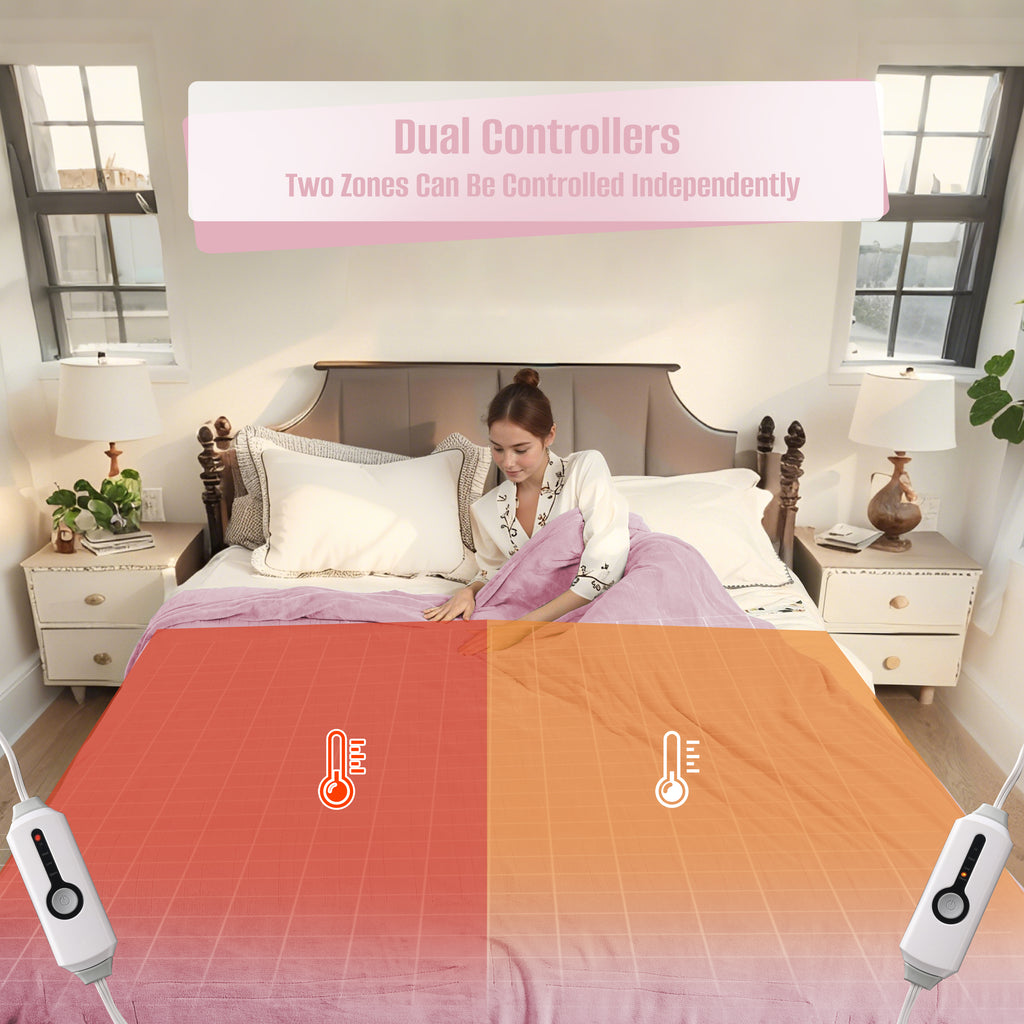 YAKEE Electric Heated Blanket 84"x90" Queen Size with Dual Control, 4 Heat Levels, 10-Hour Auto-off, Soft Coral Fleece, Overheat Protection, Pink
