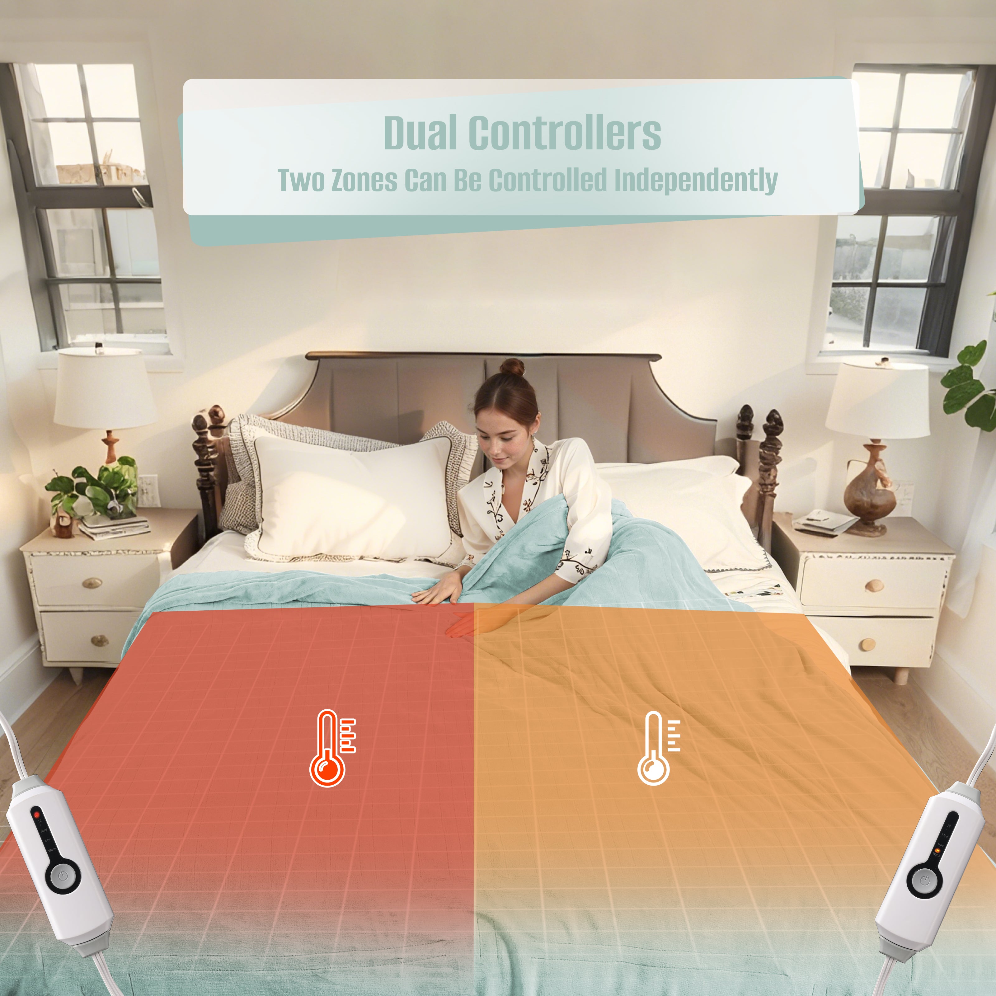 YAKEE Electric Heated Blanket 84"x90" Queen Size with Dual Control, 4 Heat Levels, 10-Hour Auto-off, Soft Coral Fleece, Overheat Protection, Green