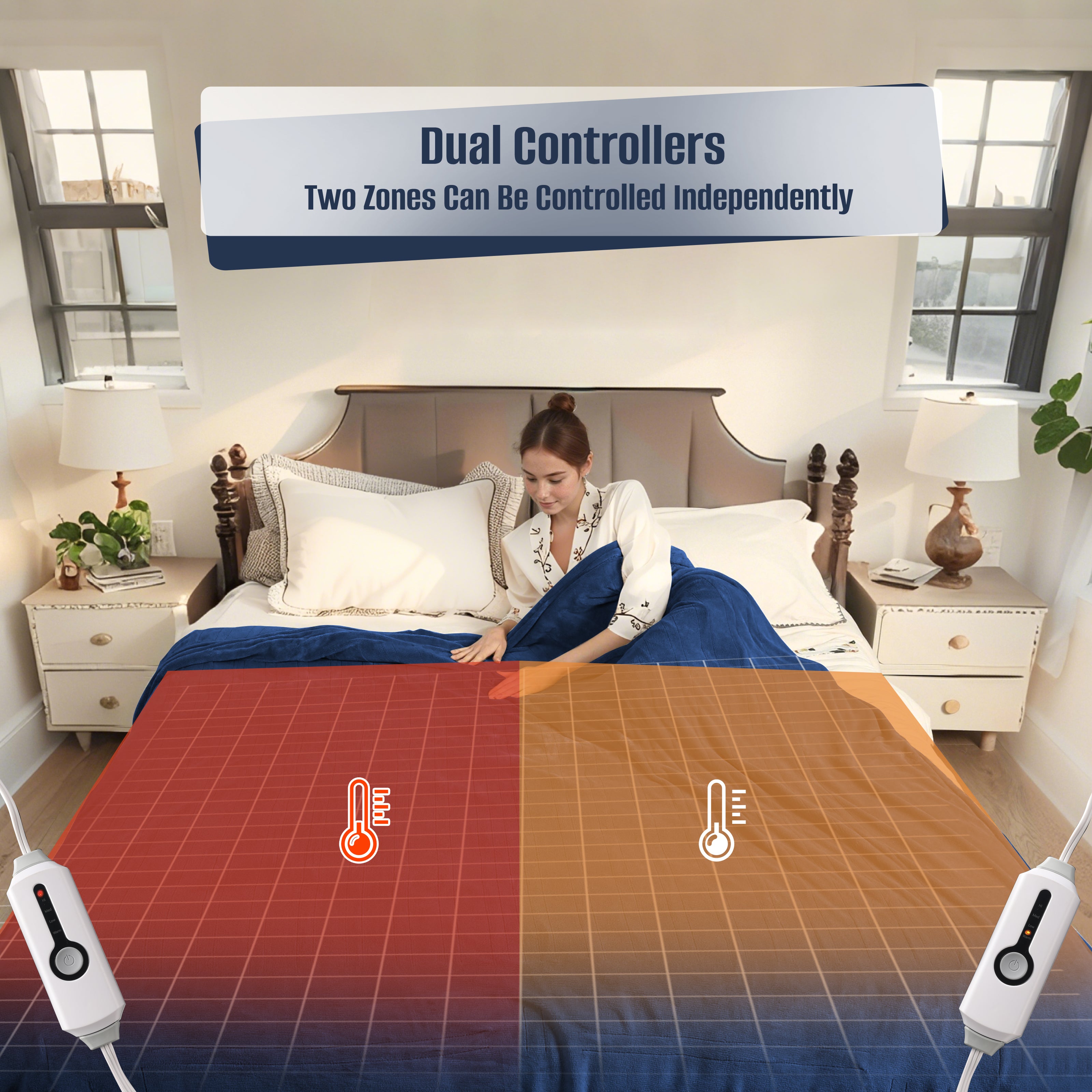 YAKEE Electric Heated Blanket 84"x90" Queen Size with Dual Control, 4 Heat Levels, 10-Hour Auto-off, Soft Coral Fleece, Overheat Protection, Blue