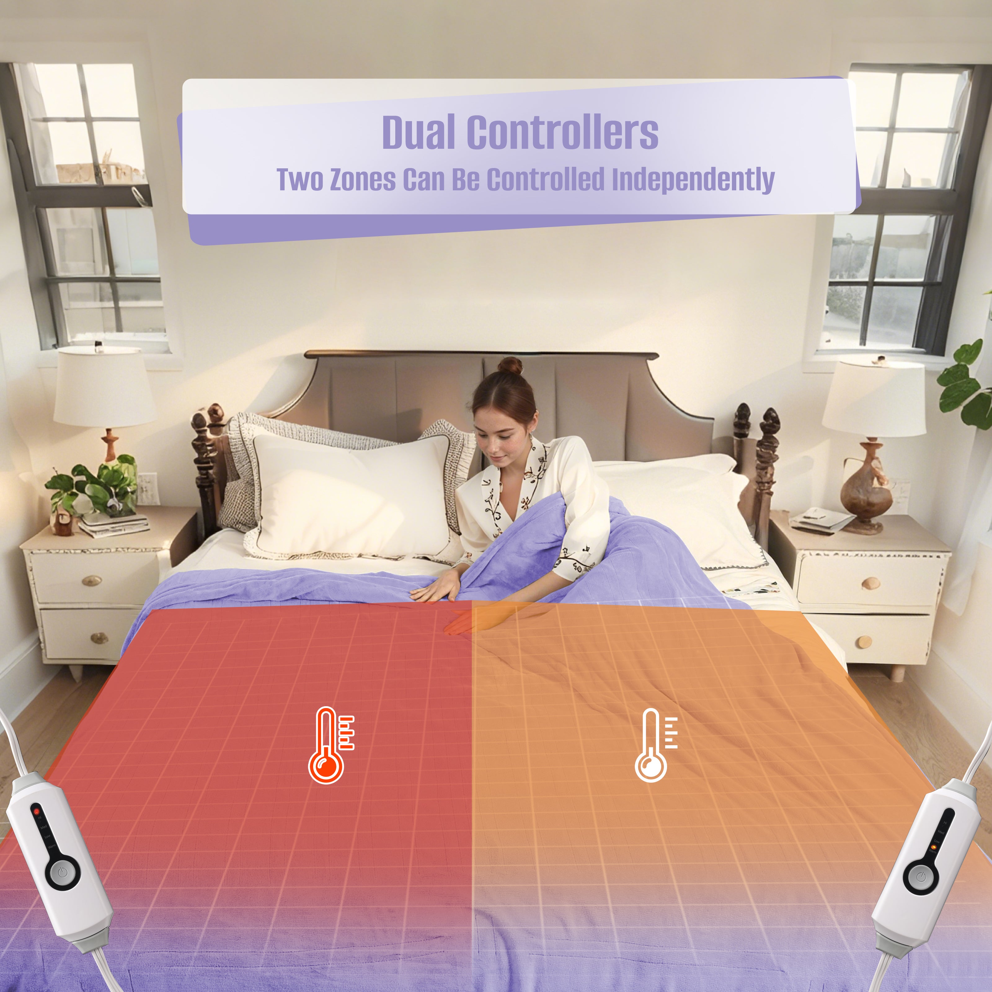YAKEE Electric Heated Blanket 84"x90" Queen Size with Dual Control, 4 Heat Levels, 10-Hour Auto-off, Soft Coral Fleece, Overheat Protection, Purple