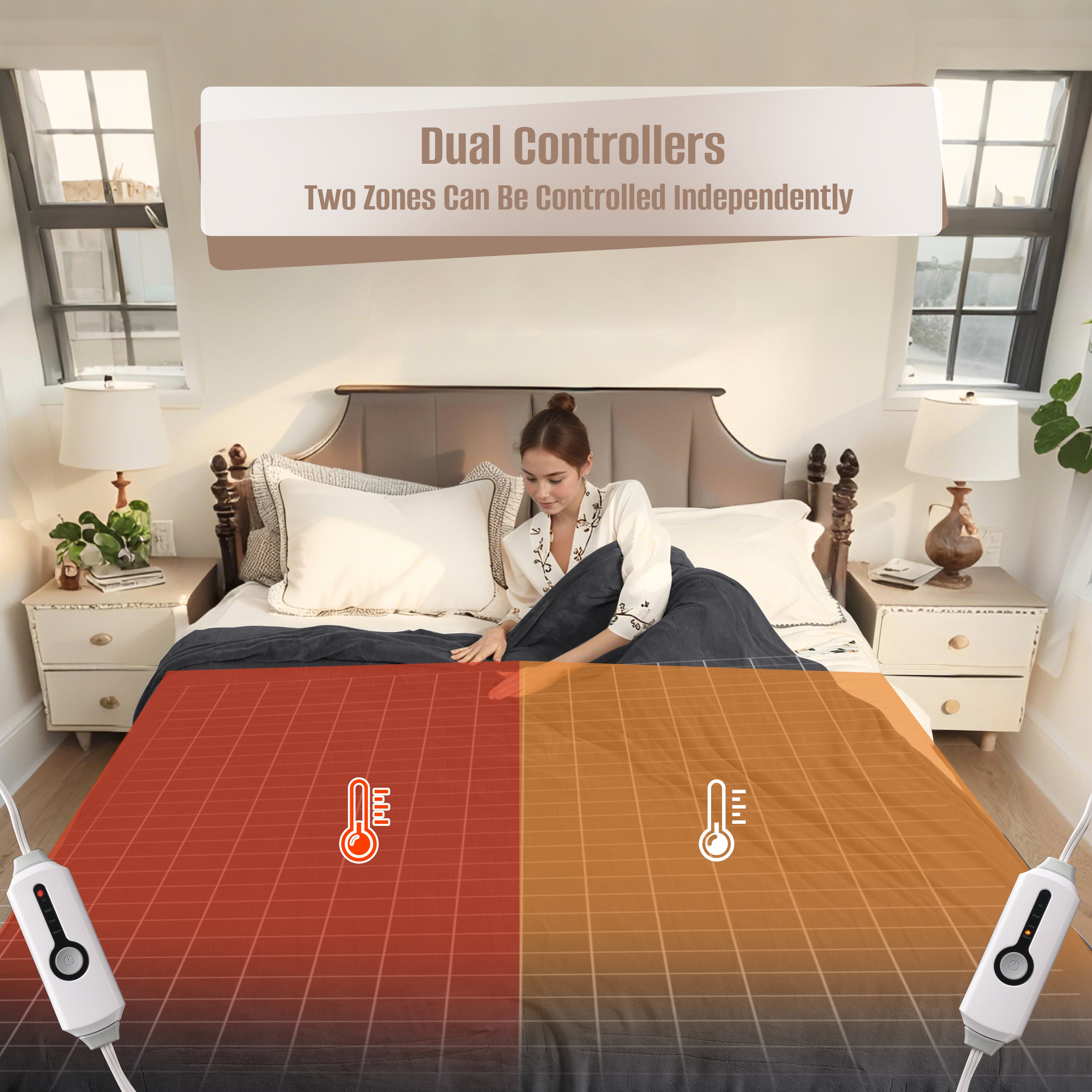 YAKEE Electric Heated Blanket 90"x100" King Size with Dual Control, 4 Heat Levels, 10-Hour Auto-off, Soft Coral Fleece, Overheat Protection, Dark Gray