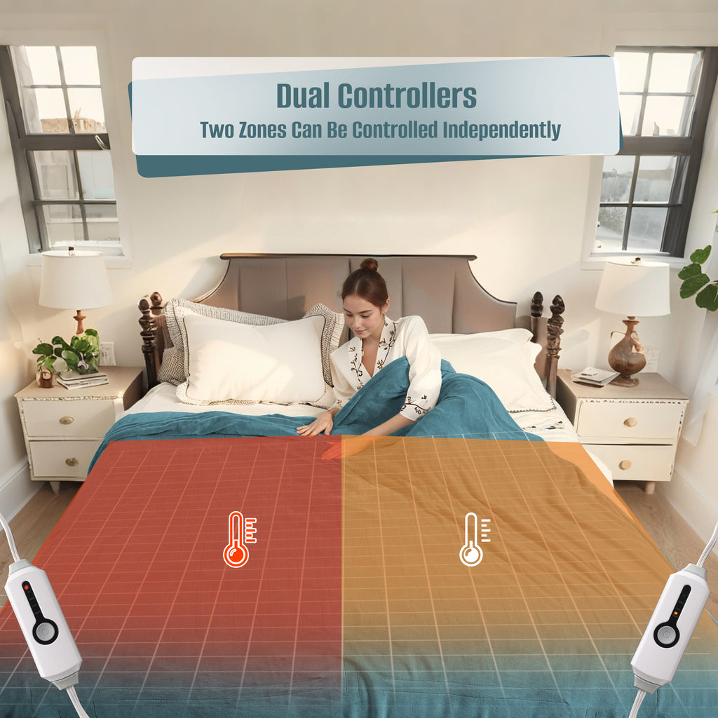 YAKEE Electric Heated Blanket 90"x100" King Size with Dual Control, 4 Heat Levels, 10-Hour Auto-off, Soft Coral Fleece, Overheat Protection, Teal