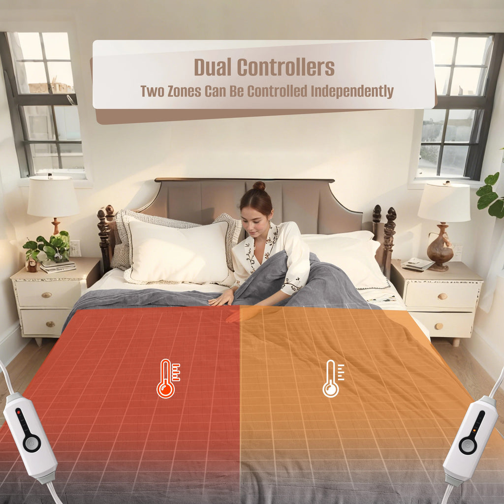YAKEE Electric Heated Blanket 90"x100" King Size - Dual Control Design, 4 Heat Levels, 10-Hour Auto-Off, Soft Coral Fleece Heated Blanket with Overheat Protection, Gray