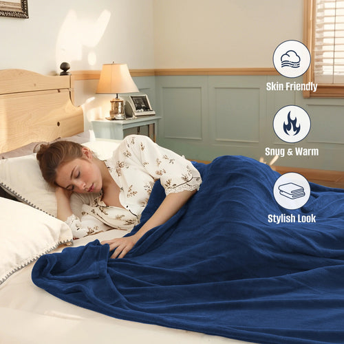 YAKEE Electric Heated Blanket 72"x84" Full Size - Soft Warm Coral Fleece, 4 Heat Levels, 10 Hours Auto-off, Machine Washable with Overheat Protection, Dark Blue