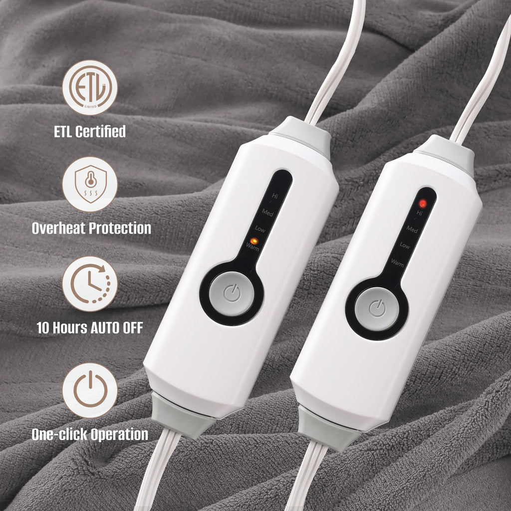 YAKEE Electric Heated Blanket 90"x100" King Size - Dual Control Design, 4 Heat Levels, 10-Hour Auto-Off, Soft Coral Fleece Heated Blanket with Overheat Protection, Gray