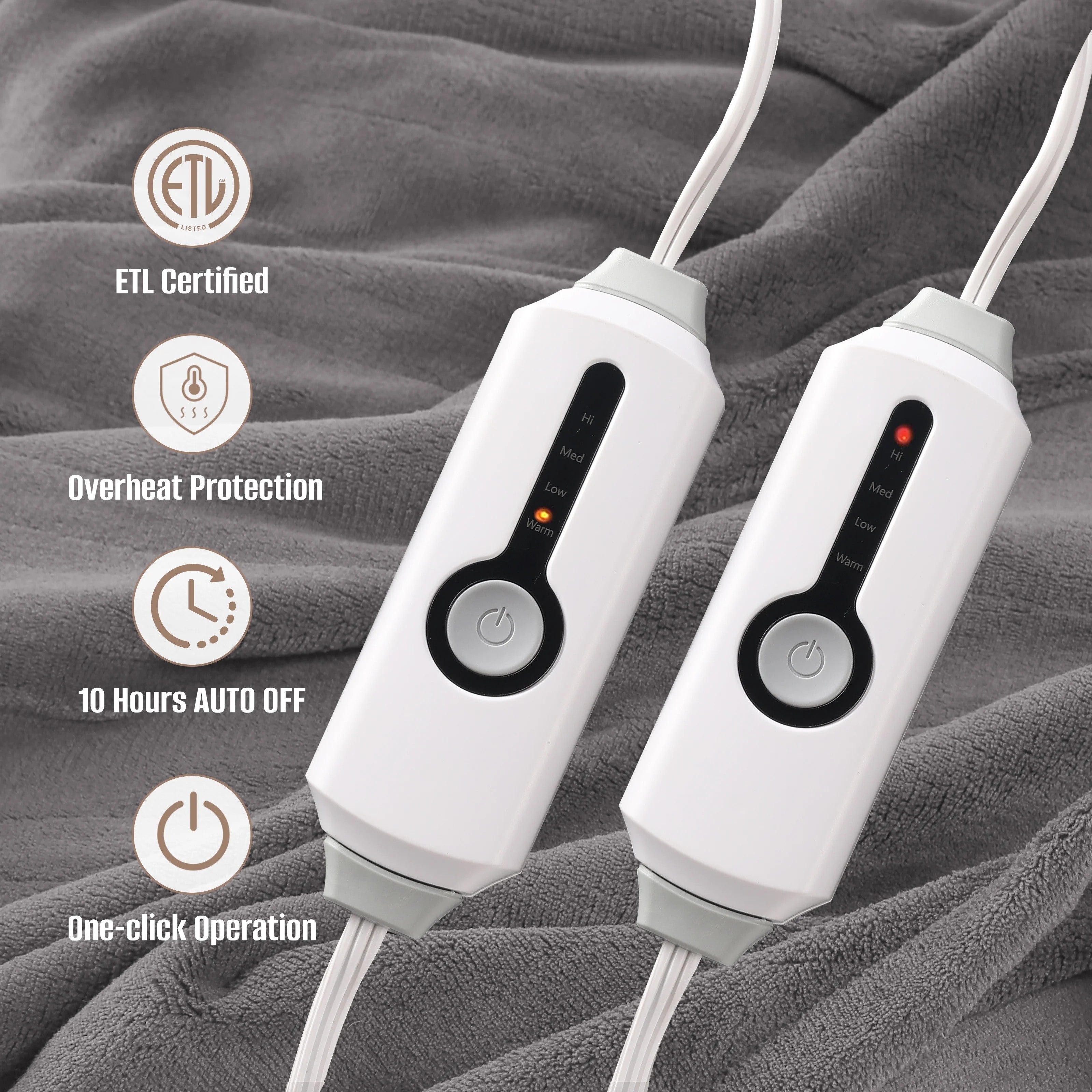 YAKEE Electric Heated Blanket 84"x90" Queen Size with Dual Control, 4 Heat Levels, 10-Hour Auto-off, Soft Coral Fleece, Overheat Protection, Gray