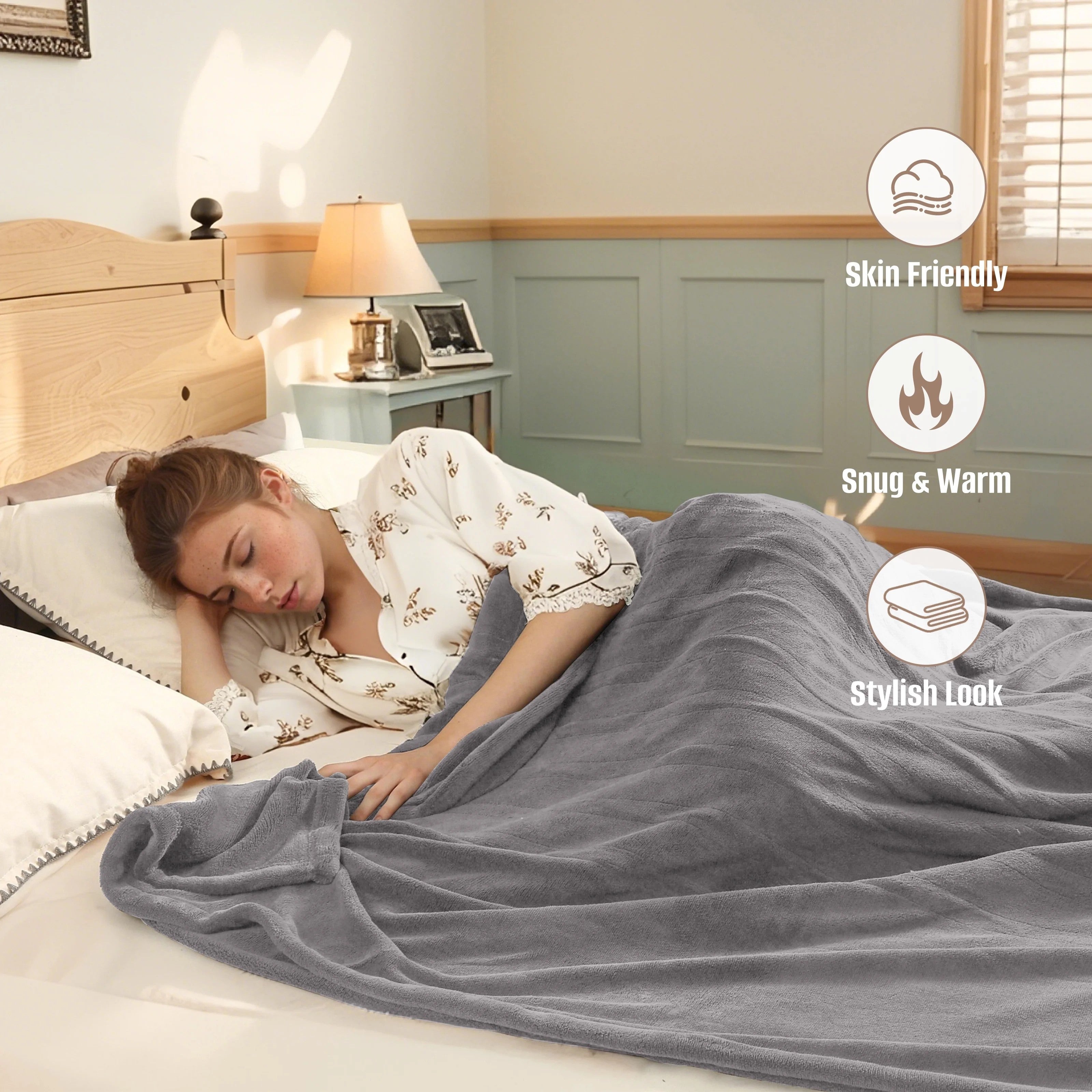 YAKEE Electric Heated Blanket 90"x100" King Size - Dual Control Design, 4 Heat Levels, 10-Hour Auto-Off, Soft Coral Fleece Heated Blanket with Overheat Protection, Gray